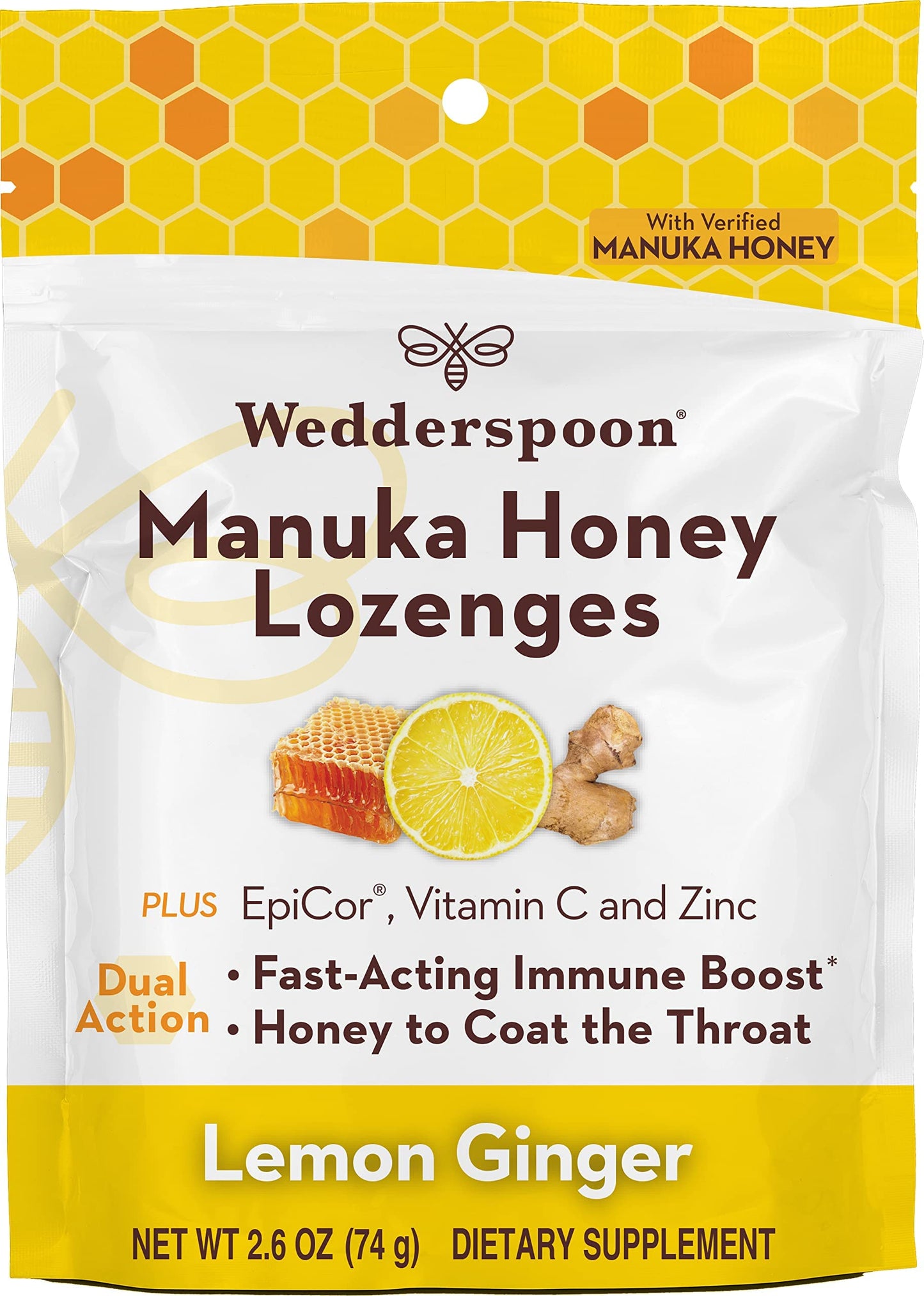 Wedderspoon Manuka Honey Immunity Lozenges, Lemon Ginger, 2.6 Oz (Pack of 1), Genuine New Zealand Honey, Boost Immunity Within Two Hours - Medaid International