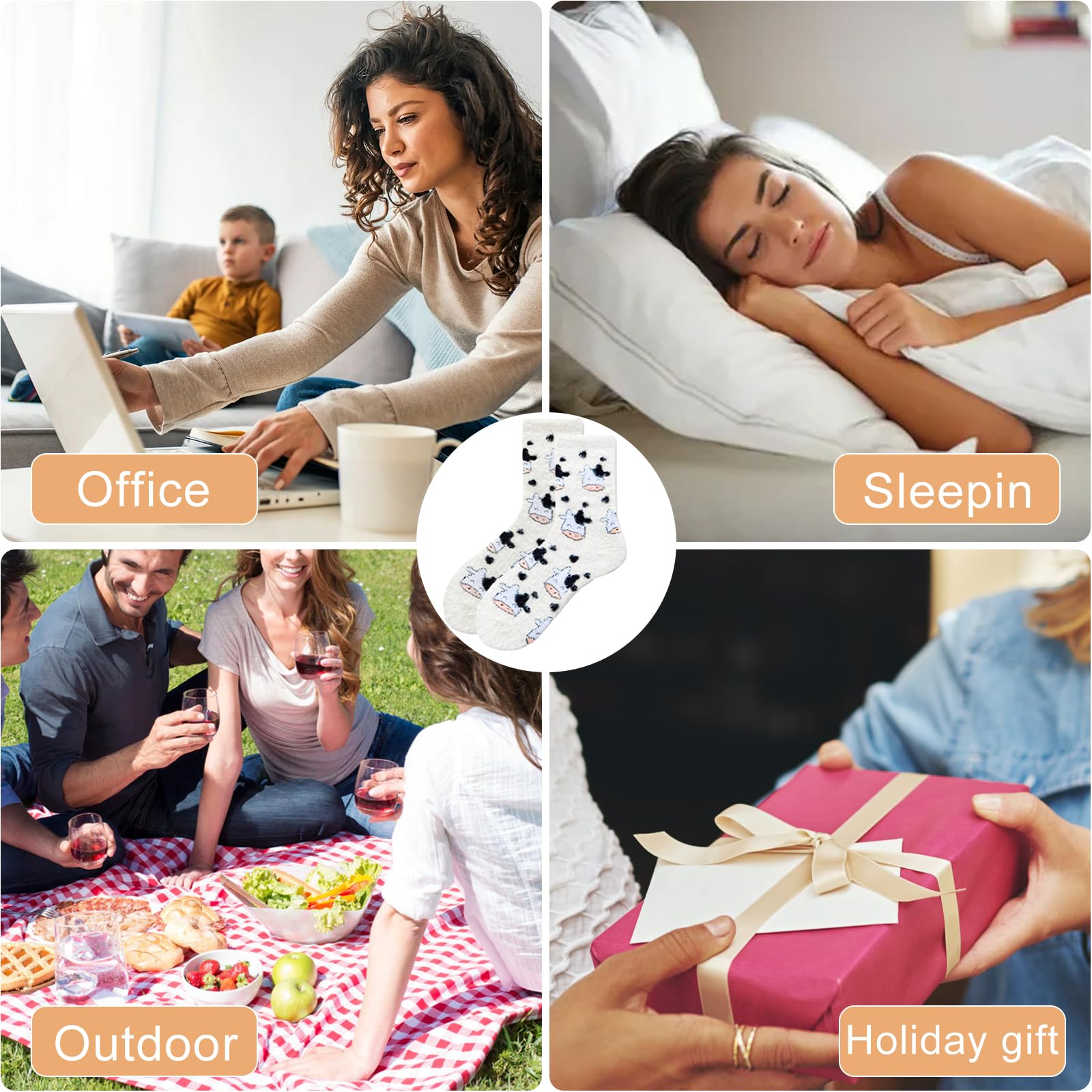 Cute Cow Print Socks for Women Fuzzy Winter Fluffy Lazy Sleeper Socks Warm Thick Cozy Trendy Christmas Gifts for Teen Girls - Medaid International