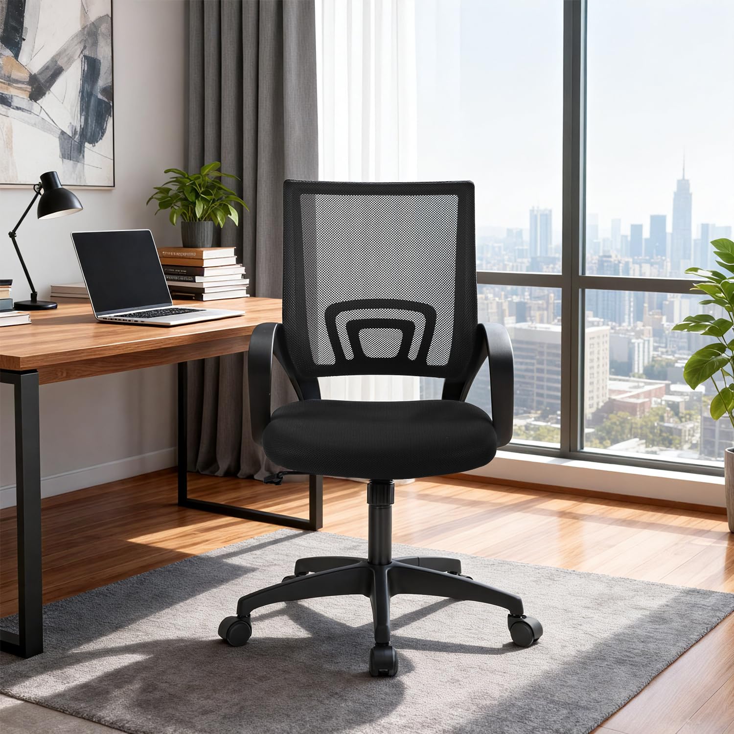 BestOffice | Ergonomic Office Chair | Mid-Back Swivel Desk Chair | Breathable Backrest & Lumbar Support | Adjustable Height | Sponge Seat | Rolling Wheels | Dark Black | for Adults & Women - Medaid International