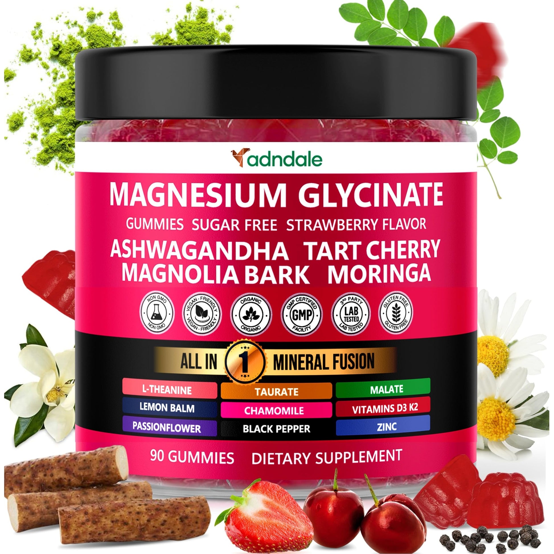 Adndale 90ct 15-in-1 Magnesium Glycinate Gummies 400 mg/serv- with Magnesium Malate, Ashwagandha, Tart Cherry, Magnolia Bark, Lemon Balm, Passionflower, Chamomile, L-Theanine, Zinc, Vitamin K2 & D3 - Medaid International