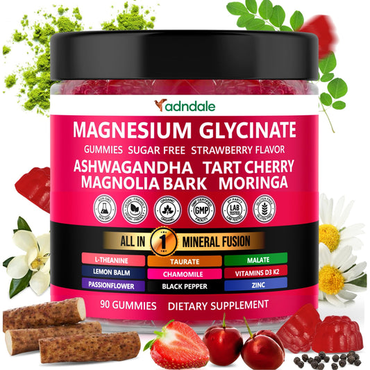 Adndale 90ct 15-in-1 Magnesium Glycinate Gummies 400 mg/serv- with Magnesium Malate, Ashwagandha, Tart Cherry, Magnolia Bark, Lemon Balm, Passionflower, Chamomile, L-Theanine, Zinc, Vitamin K2 & D3 - Medaid International