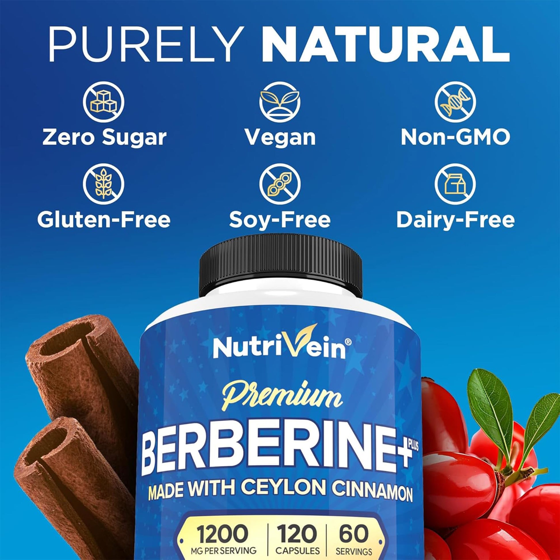 Nutrivein Premium Berberine HCL 1200 mg with Ceylon Cinnamon - 120 Capsules: High-Absorption Berberine Supplement for Defenses, Digestion, & Metabolism - Medaid International