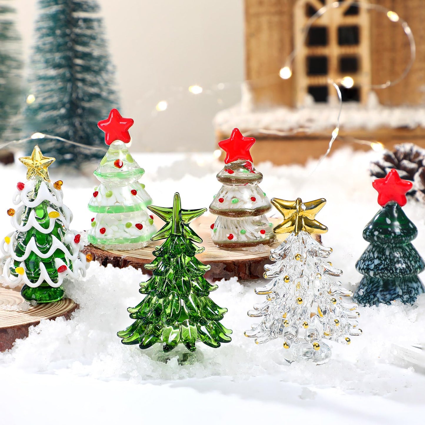 6 Pcs Glass Christmas Tree Gifts Set 2.4" Mini Green Crystal Christmas Trees Figurines Small Tabletop Holiday Decor Glass Xmas Miniature Trees Gift Ornaments for Xmas Party Living Room Mantel Tabletop - Medaid International