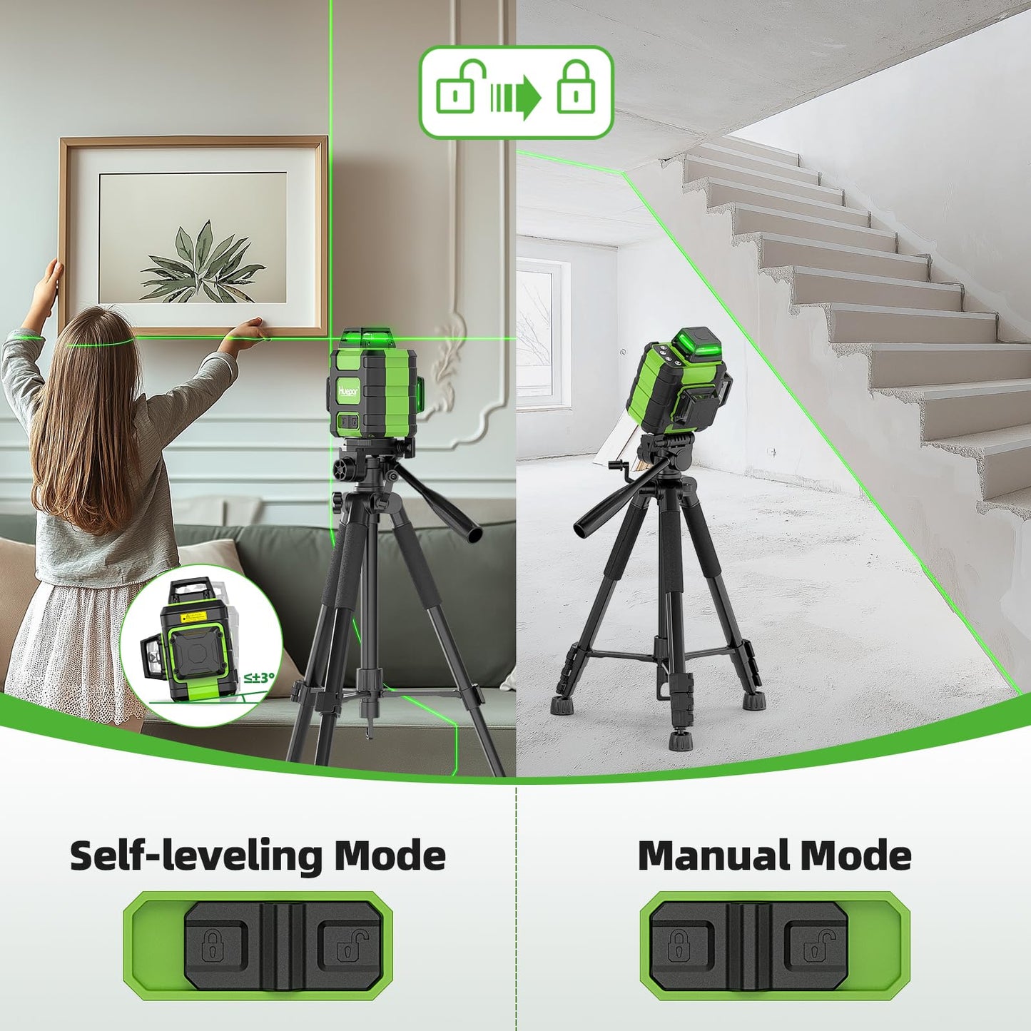 Huepar Laser Level 360 Self Leveling, Rechargeable Green Laser 3x360° Cross Line Lazer Leveler 3D Level Laser Tool for Construction and Picture Hanging, Strong Magnetic Bracket&Hard Carry Case -HM03CG - Medaid International