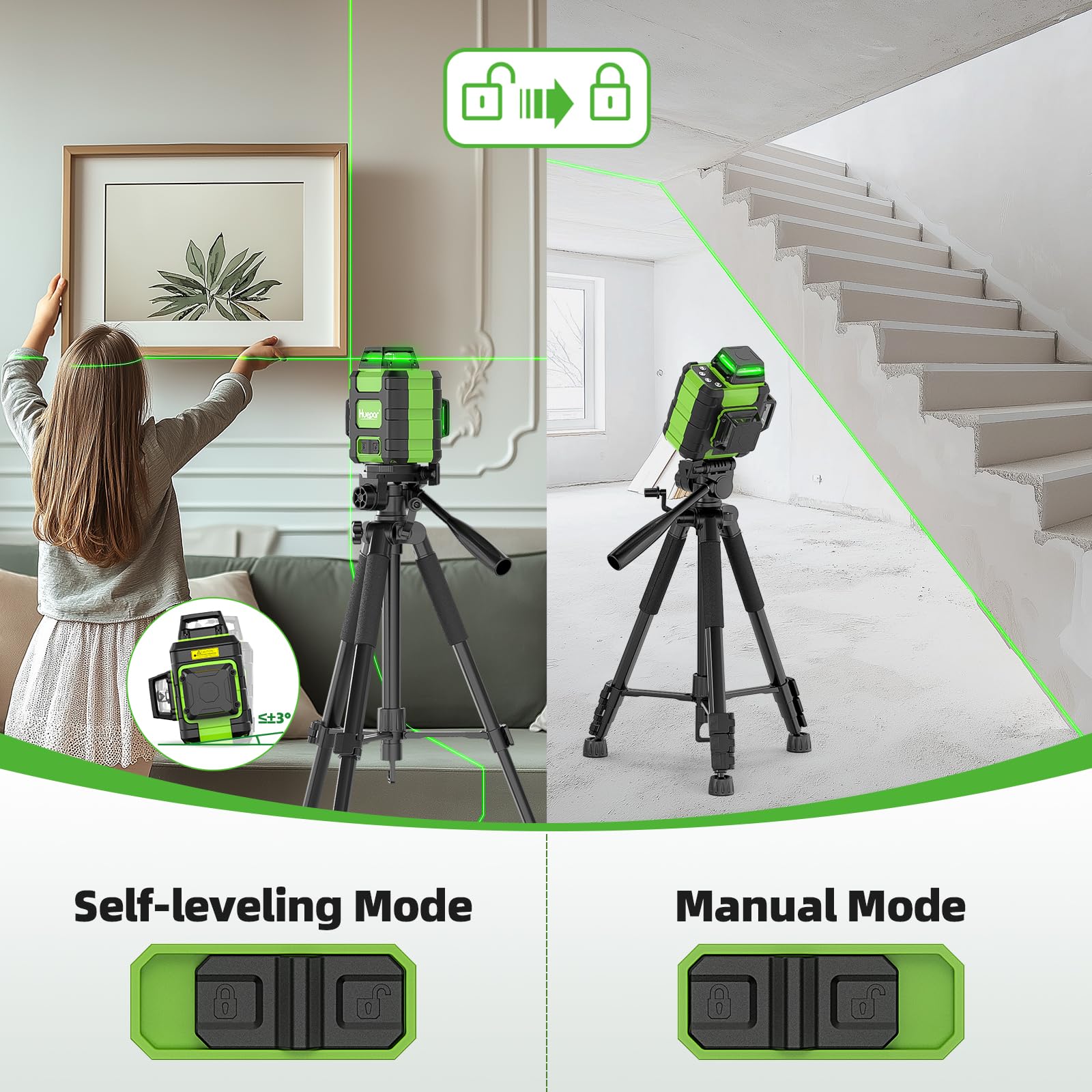 Huepar Laser Level 360 Self Leveling, Rechargeable Green Laser 3x360° Cross Line Lazer Leveler 3D Level Laser Tool for Construction and Picture Hanging, Strong Magnetic Bracket&Hard Carry Case -HM03CG - Medaid International