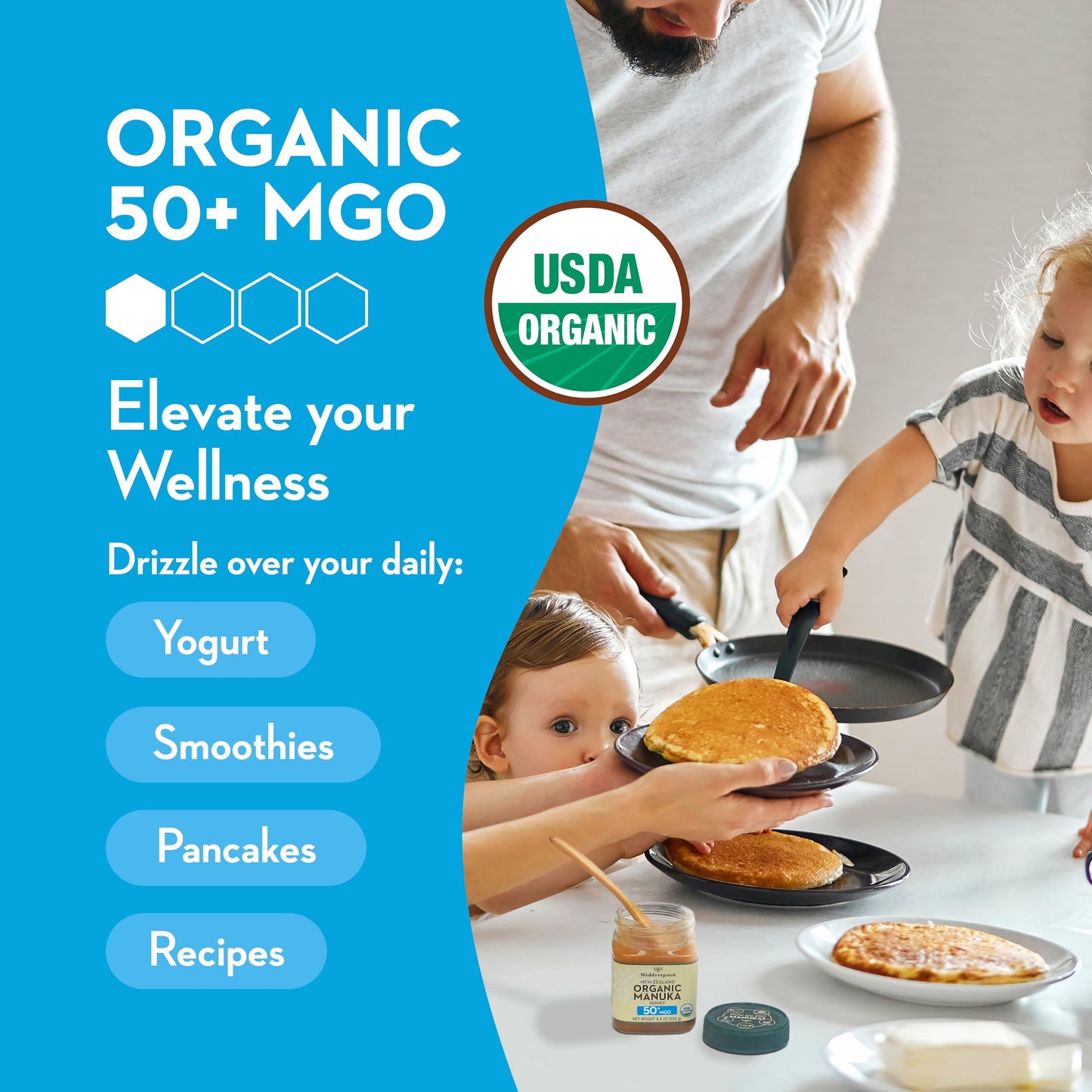 Wedderspoon Raw Premium USDA Certified Organic Manuka Honey, 50+ MGO, 8.8 Oz, Unpasteurized New Zealand Honey, From Our Hives to Your Home - Medaid International