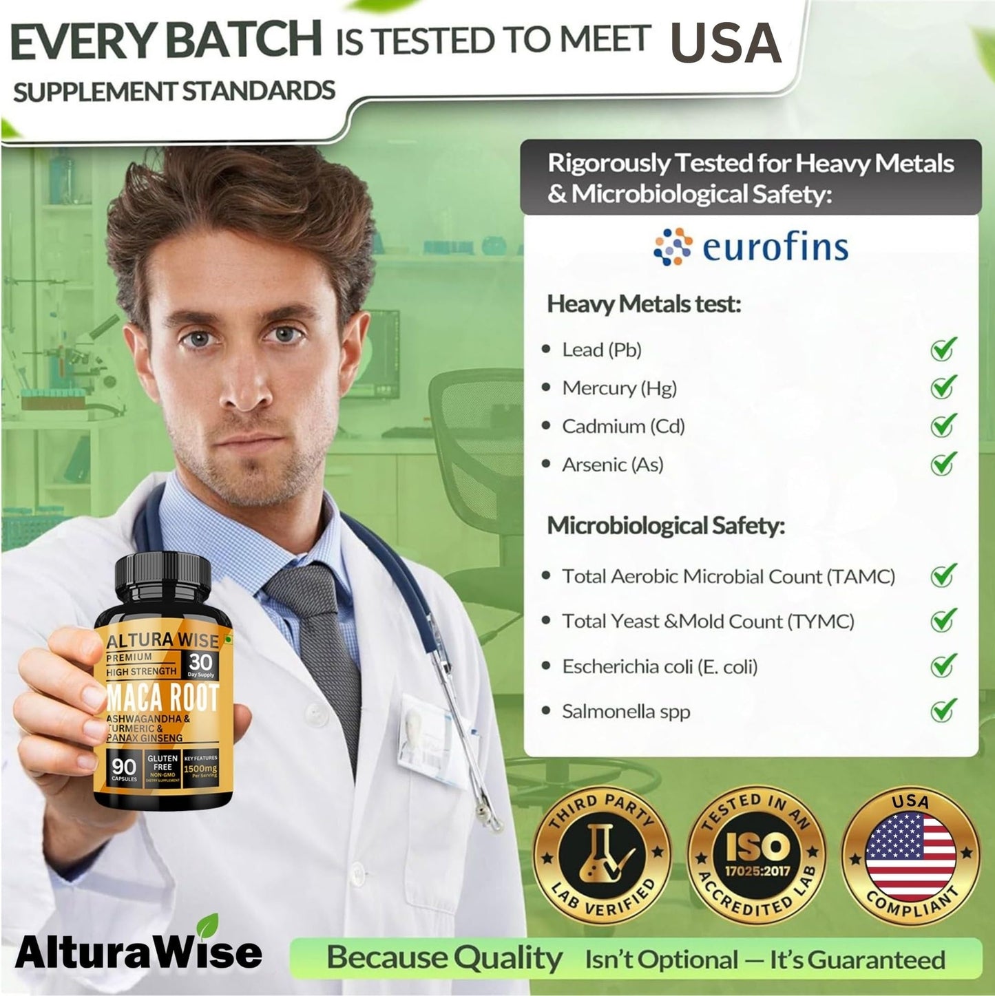 AlturaWise 5 in 1 Pure Maca Root Capsules for Men and Women | Maca Root Powder Capsules with Black + Red + Yellow Maca Root with ashwagandha, panax Ginseng Extract Supplement - 90 Vegan Pills - Medaid International