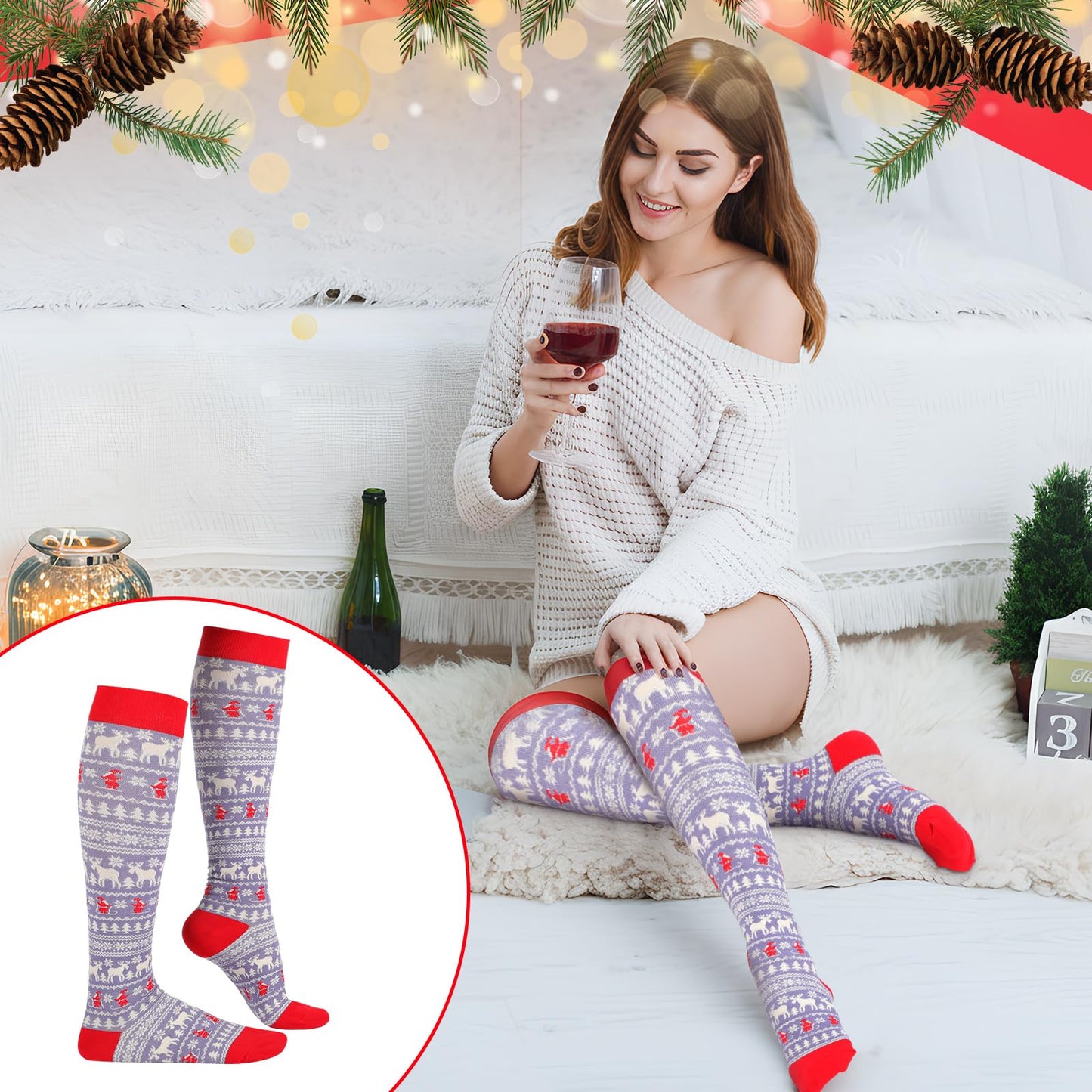 Suhine 4 Pairs Christmas Compression Sock Gift, Christmas Knee High Sock Long Calf Stocking for Xmas Adult Women Nurses Men(Vintage Style) - Medaid International