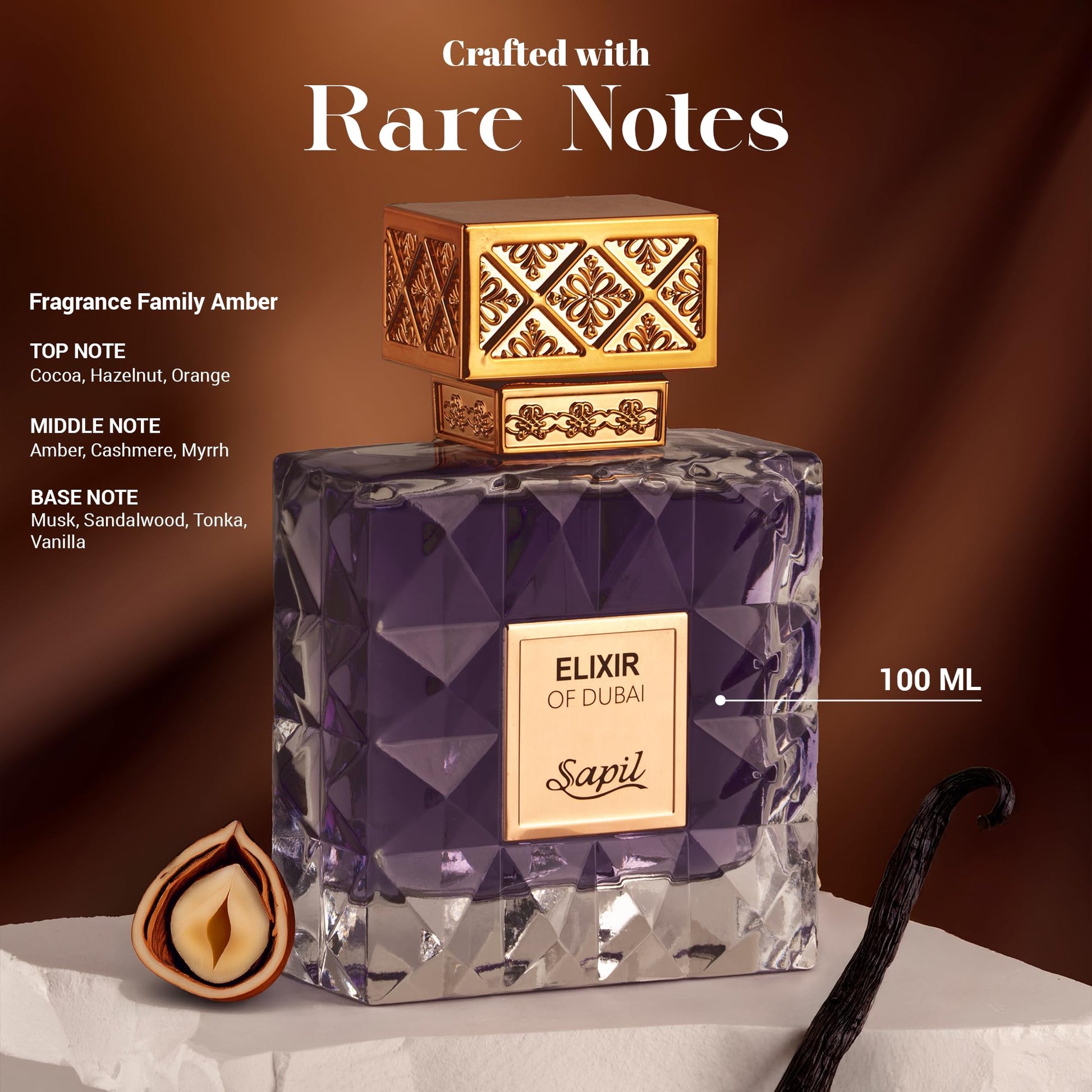 Sapil Elixir of Dubai Unisex Eau de Parfum – Long-Lasting Dubai Perfume with Amber, Vanilla, Musk, Cardamom, Bergamot & Lavender – Arabic Luxury Fragrance for Men & Women – 3.38 oz - Medaid International