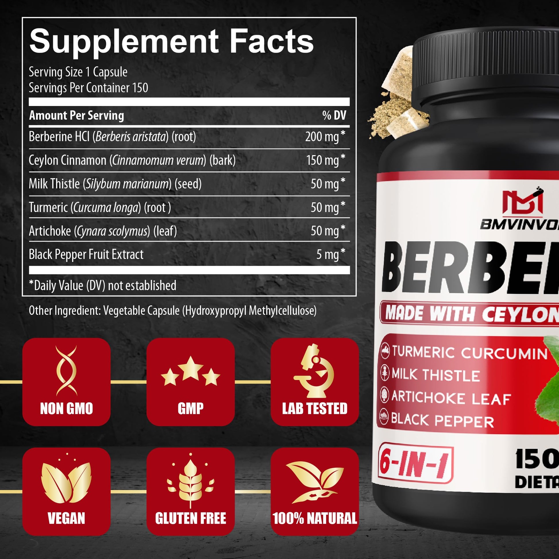Berberine HCl, 150 Capsules - Plus Ceylon Cinnamon, Turmeric, Milk Thistle, Artichoke, Black Pepper, Berberine HCI Root Supplements Pills - Immune System - Medaid International