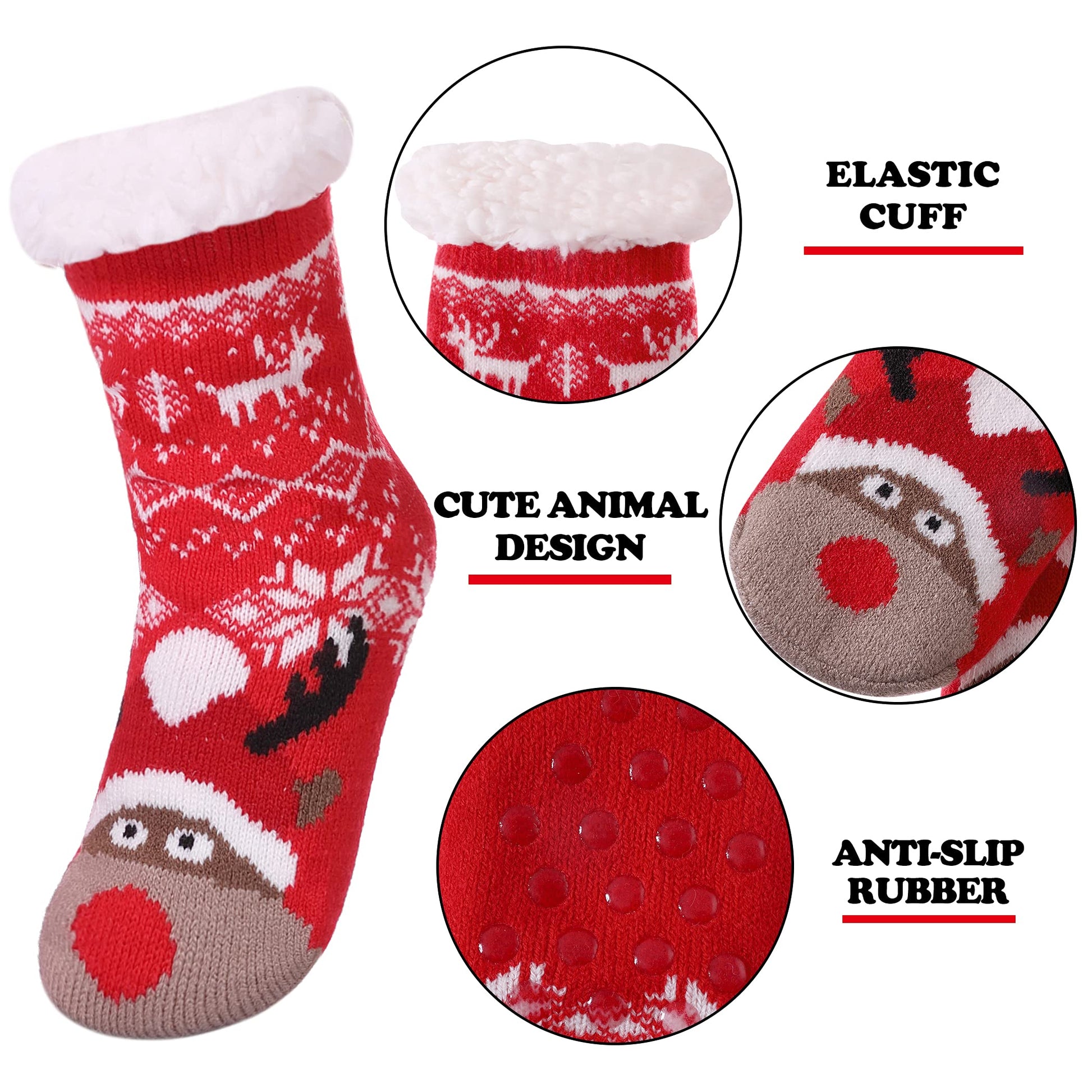 FNOVCO Kids Slipper Socks Boys Girls Fuzzy Soft Thick Cozy Warm Fleece lined Winter Indoor Christmas Socks (4-7 Years, Red Christmas Deer) - Medaid International