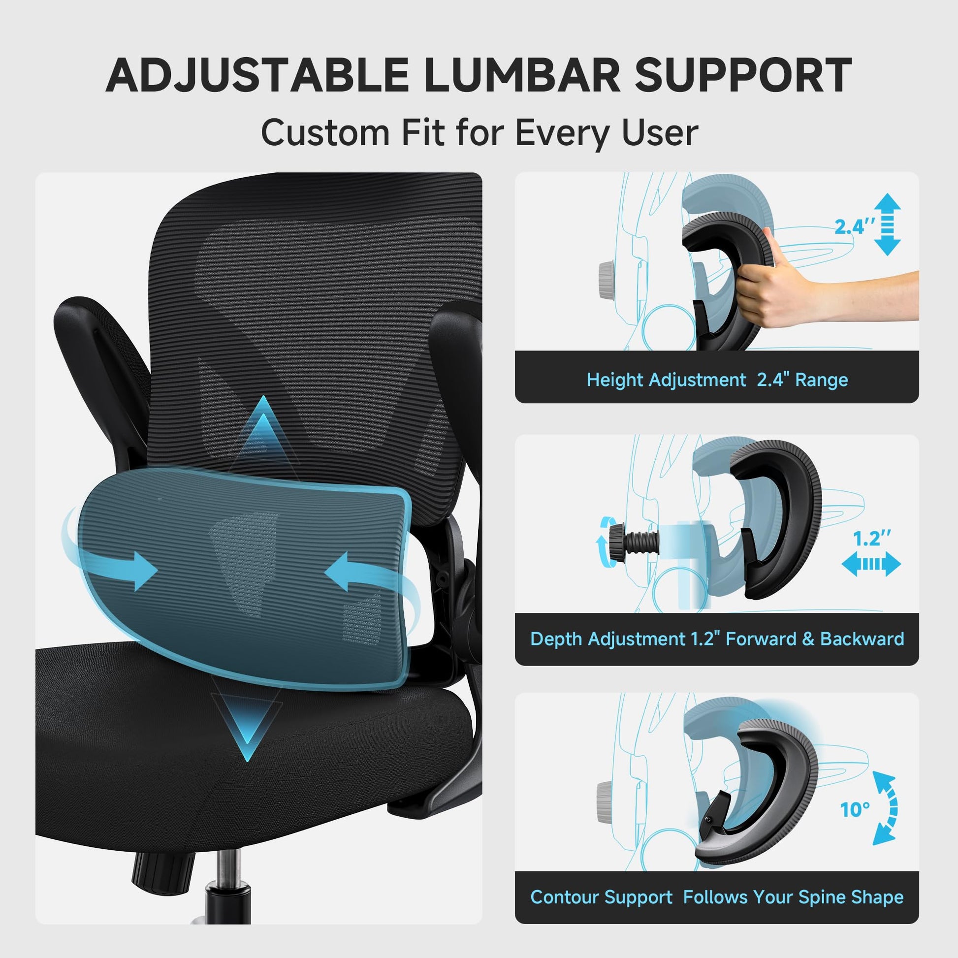 PKPT Ergonomic Desk Chair with Adjustable Lumbar Support & Headrest, 330 LBS High Back Mesh Office Chair with Adjustable Armrest for Long Hours, Executive Large Computer Chair, Black - Medaid International