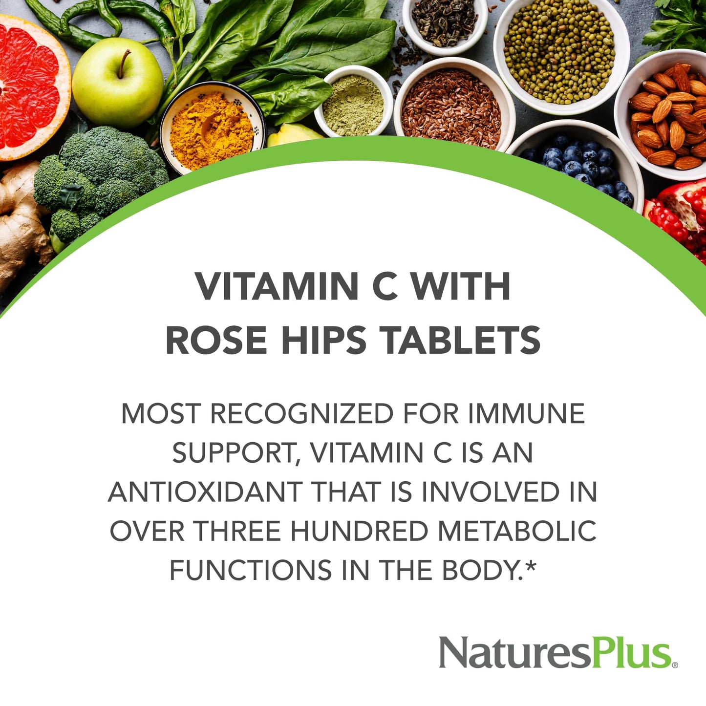 Natures Plus Vitamin C with Rose HIPS - 500 mg, 90 Vegetarian Tablets - Corn-Free, Gluten-Free - 90 Servings - Medaid International