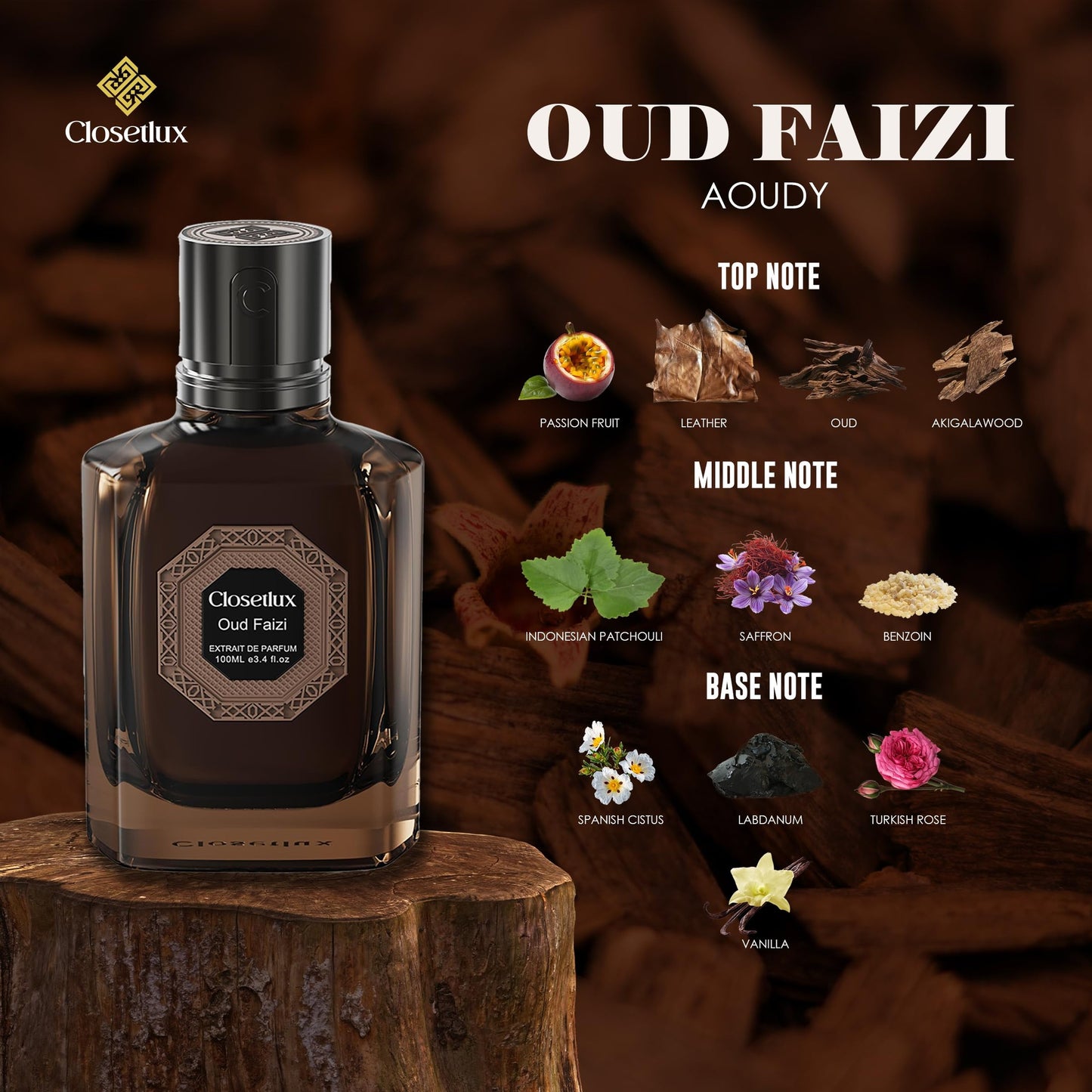 CLOSETLUX Oud Faizi Extrait de Parfum – Luxurious Aoudy Fragrance – Deep, Long-Lasting Scent with Leather, Oud & Vanilla – 100ml - Medaid International