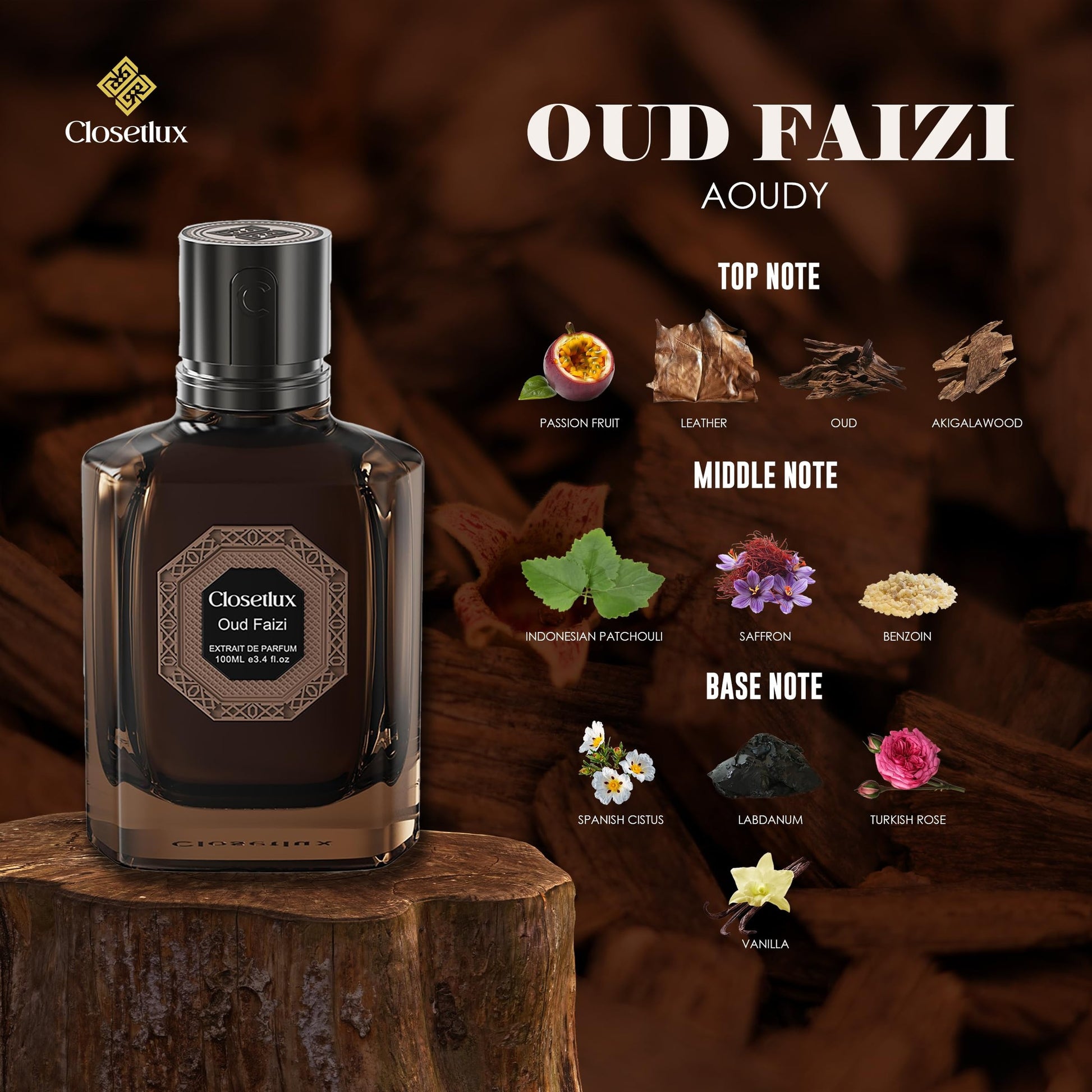 CLOSETLUX Oud Faizi Extrait de Parfum – Luxurious Aoudy Fragrance – Deep, Long-Lasting Scent with Leather, Oud & Vanilla – 100ml - Medaid International