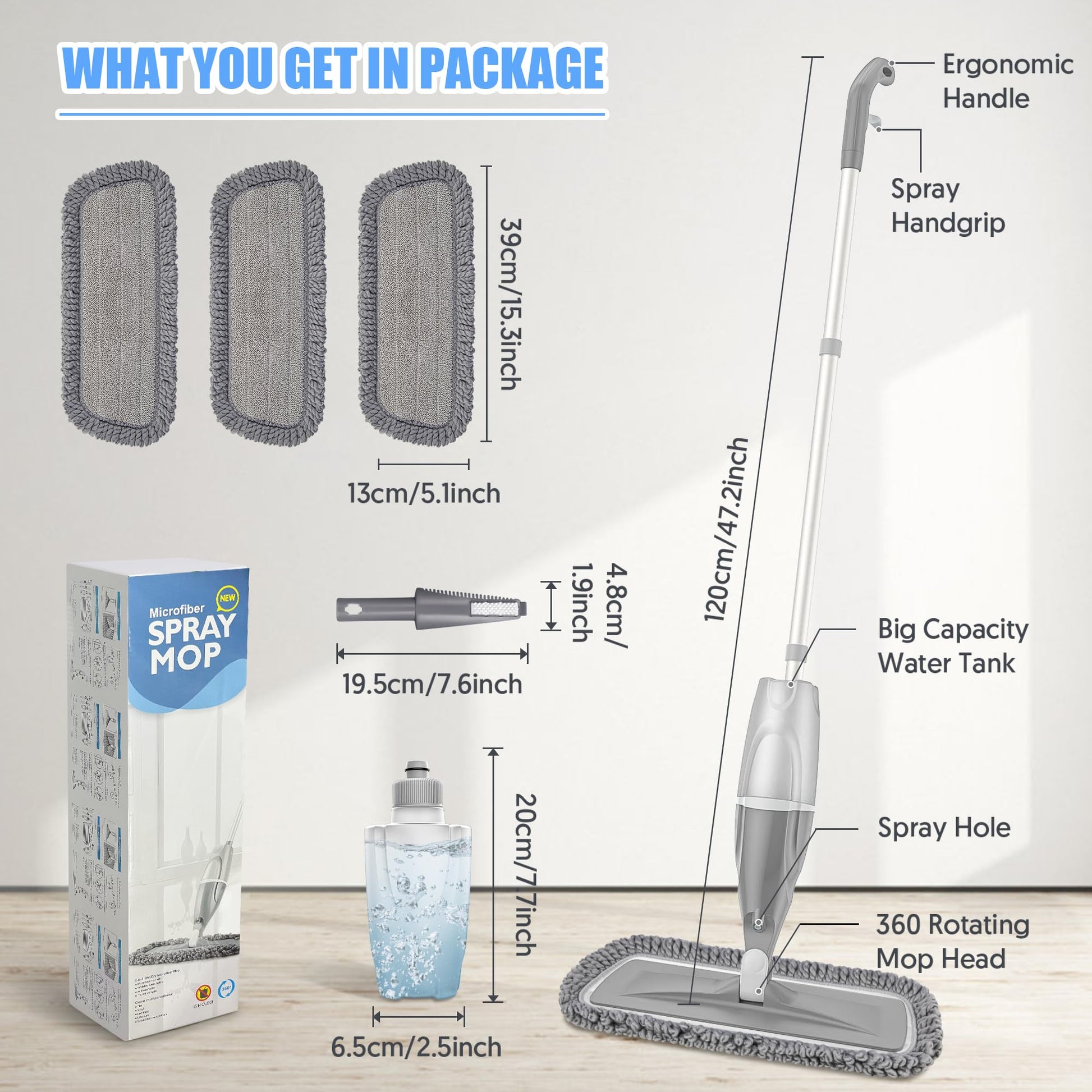 Microfiber Spray Mops for Floors Cleaning: EXEGO Dust Mop Wet Mop with 3 Washable Resuable Pads -440ML Refillable Bottle and 1 Scraper - Flat Floor Mop for Hardwood Laminate Ceramic Tiles Vinyl Woood - Medaid International