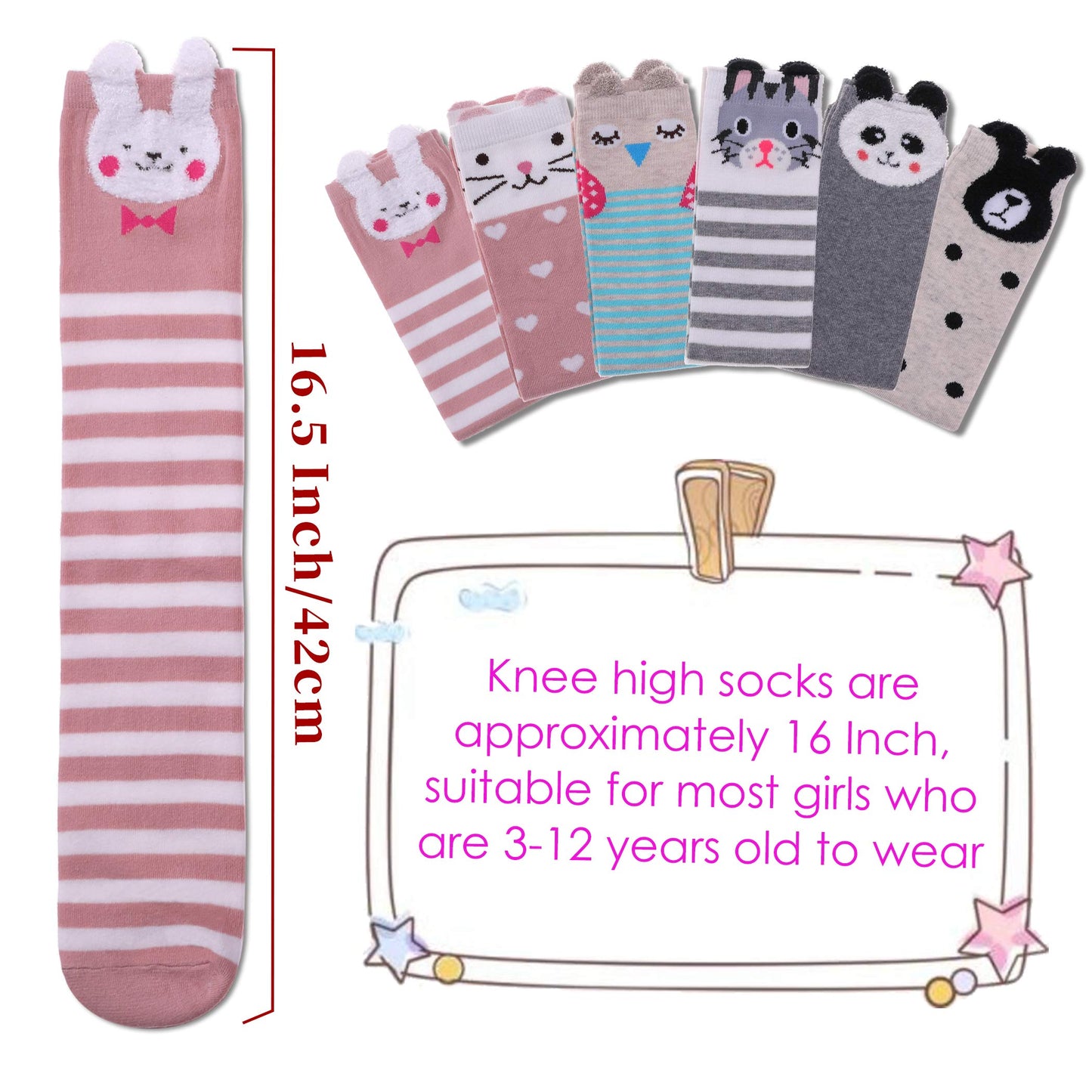 FNOVCO Girls Knee High Socks Kids Crazy Fun Gift Cute Animal Patterns Cotton Long Socks 6 Pairs (6 Pairs Animal) - Medaid International