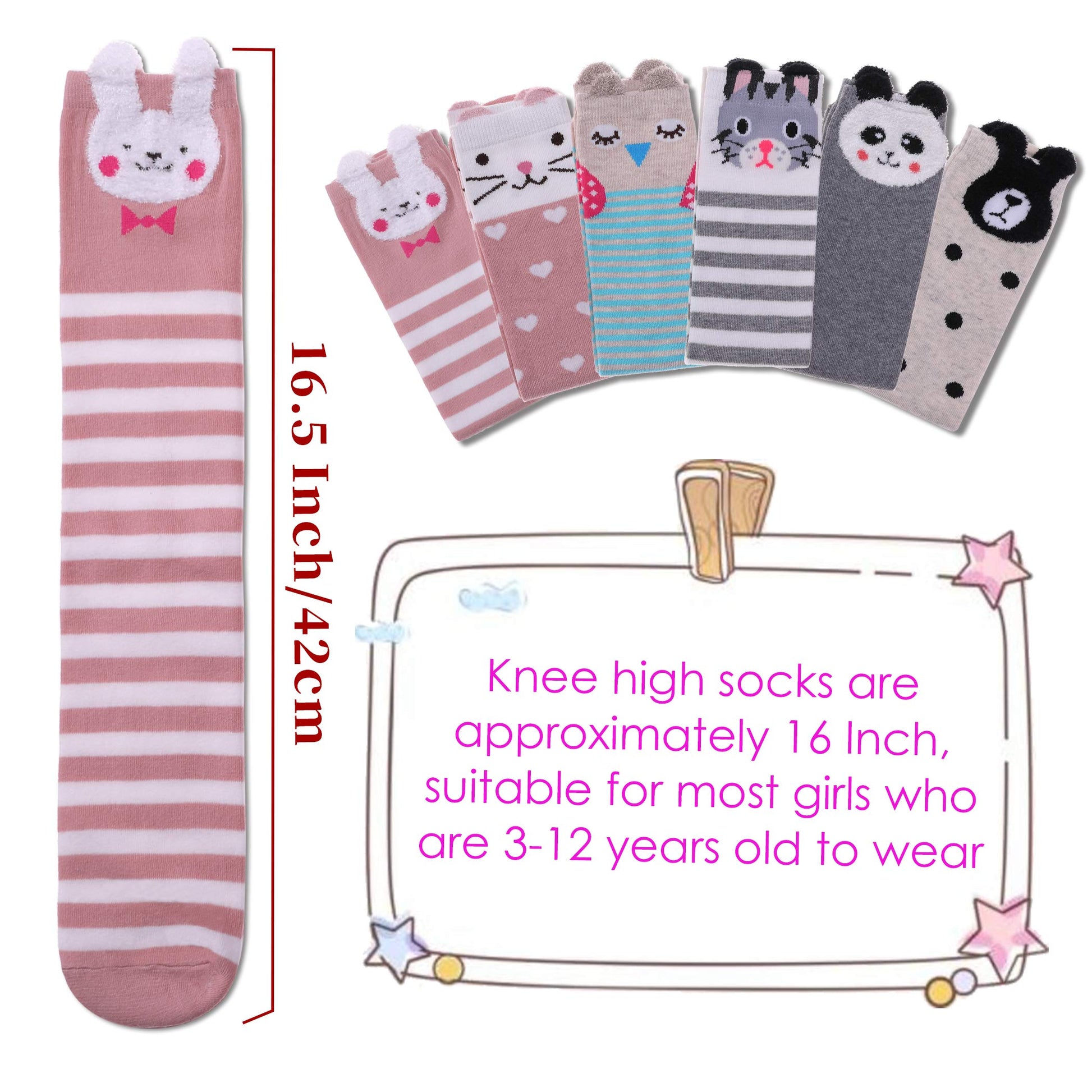 FNOVCO Girls Knee High Socks Kids Crazy Fun Gift Cute Animal Patterns Cotton Long Socks 6 Pairs (6 Pairs Animal) - Medaid International