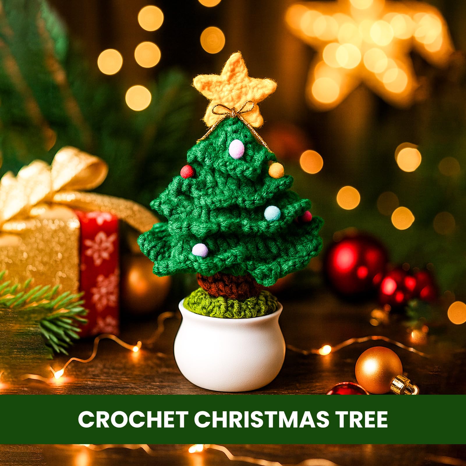 Crochet Christmas Tree Potted Plant - for Christmas Decor, Mini Knitted Decor for Home/Office, Gradient Yellow - Medaid International