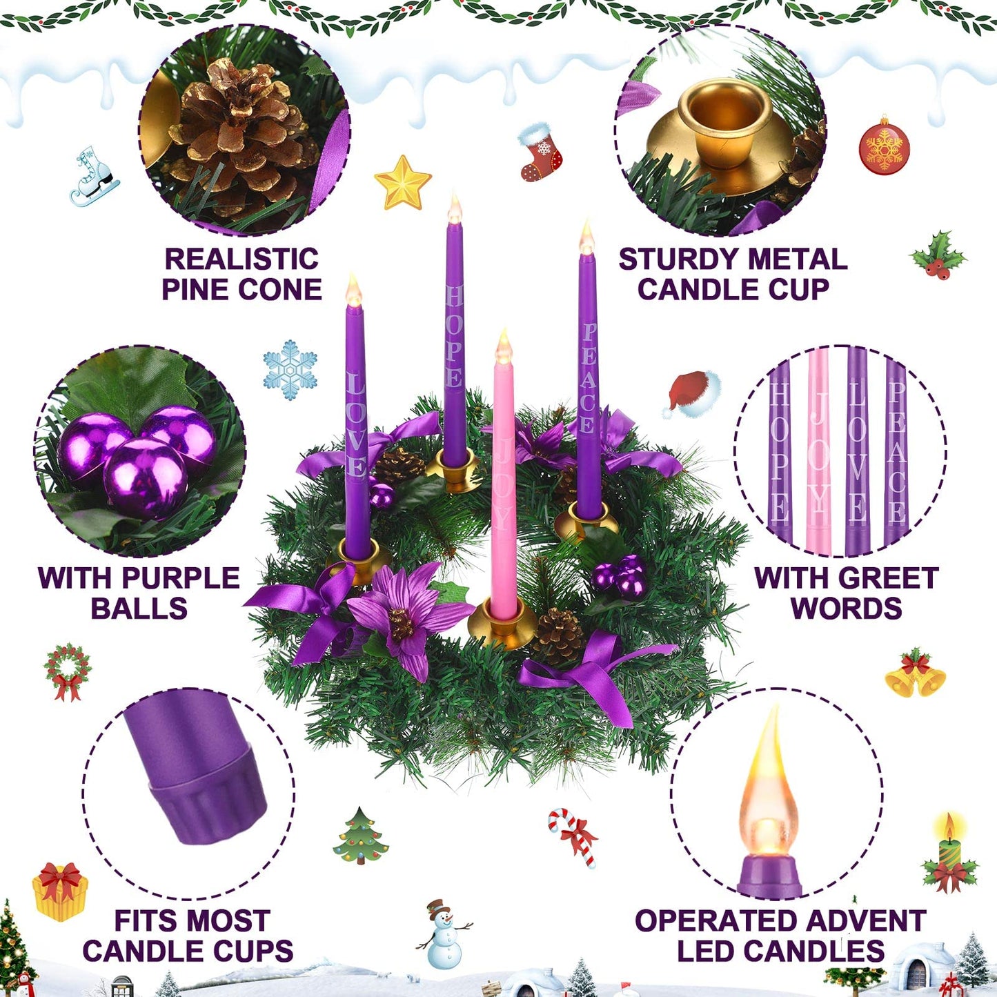 Kathfly 5 Pcs Christmas Advent Wreath with 4 Flameless Candles Holder with Hope Peace Love Joy Candle Christmas Centerpiece Decorations Pine Cones Bowknot for Xmas Advent Holiday Party (Purple) - Medaid International