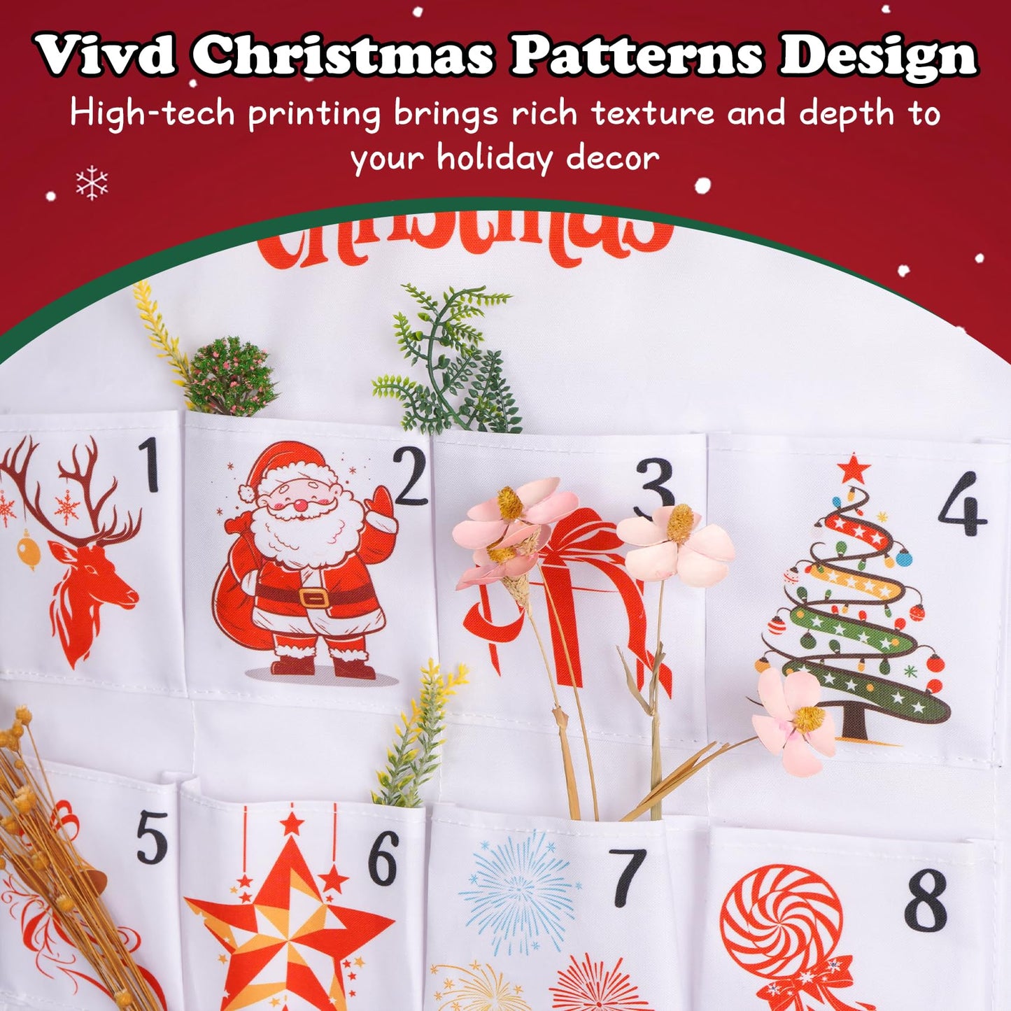 SAVORLIVING Christmas Advent Calendar with 24 Pockets, Reusable Countdown Calendar Storage Bag, Fabric Calendar Wall Hanging Bag for Xmas Holiday Home Wall Decoration - Medaid International