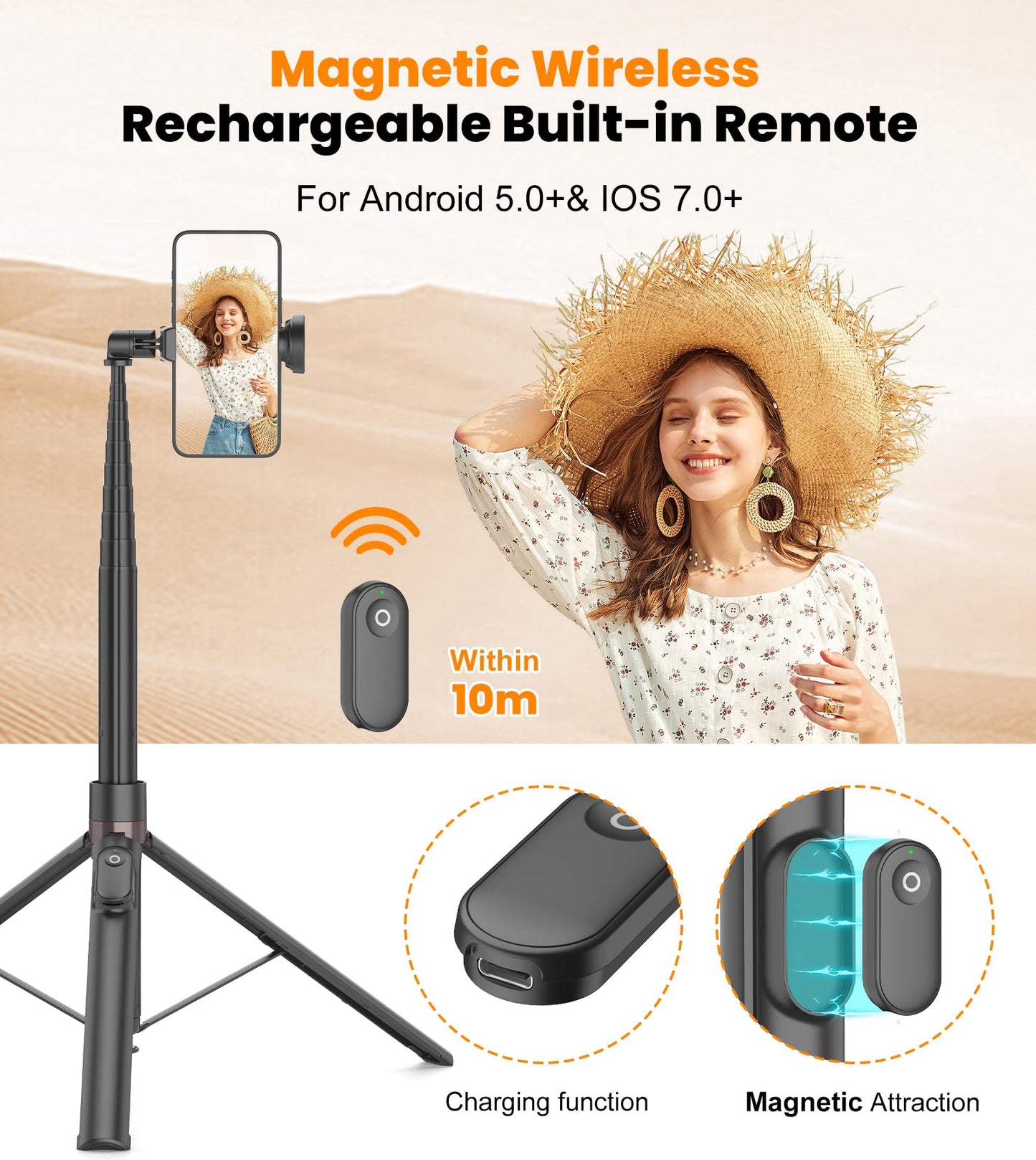 TONEOF 66" Automatic Tripod,Auto-Open Phone Tripod Stand with Magnetic Rechargable Remote,Selfie Stick Tripod 360° Vertical & Horizontal Rotatable,Stable Travel Tripod for iPhone/Android(Black) - Medaid International