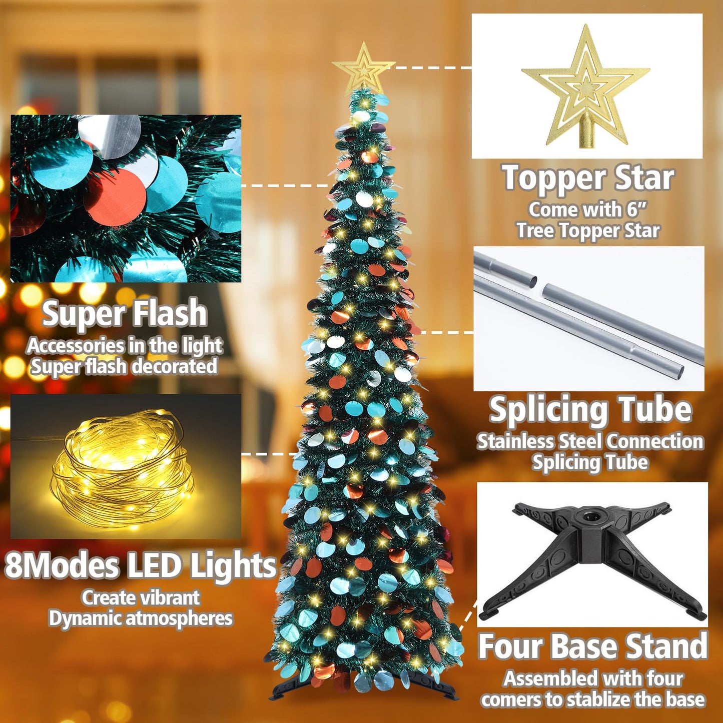 HMASYO 5 FT Pop Up Christmas Tree with Timer Lights, Blue Christmas Tinsel Tree, Collapsible Artificial Pencil Christmas Tree for Indoor Home Apartment Porch Holiday Party Decorations - Medaid International