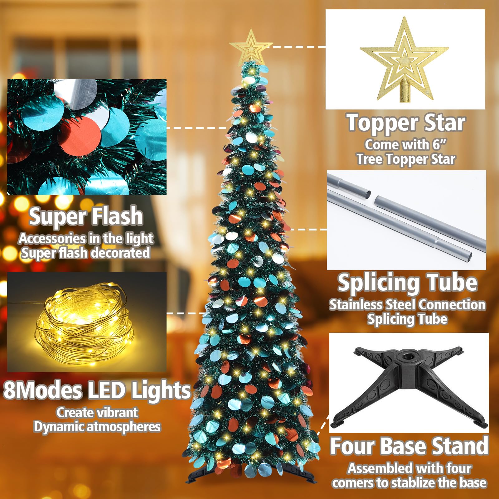 HMASYO 5 FT Pop Up Christmas Tree with Timer Lights, Blue Christmas Tinsel Tree, Collapsible Artificial Pencil Christmas Tree for Indoor Home Apartment Porch Holiday Party Decorations - Medaid International
