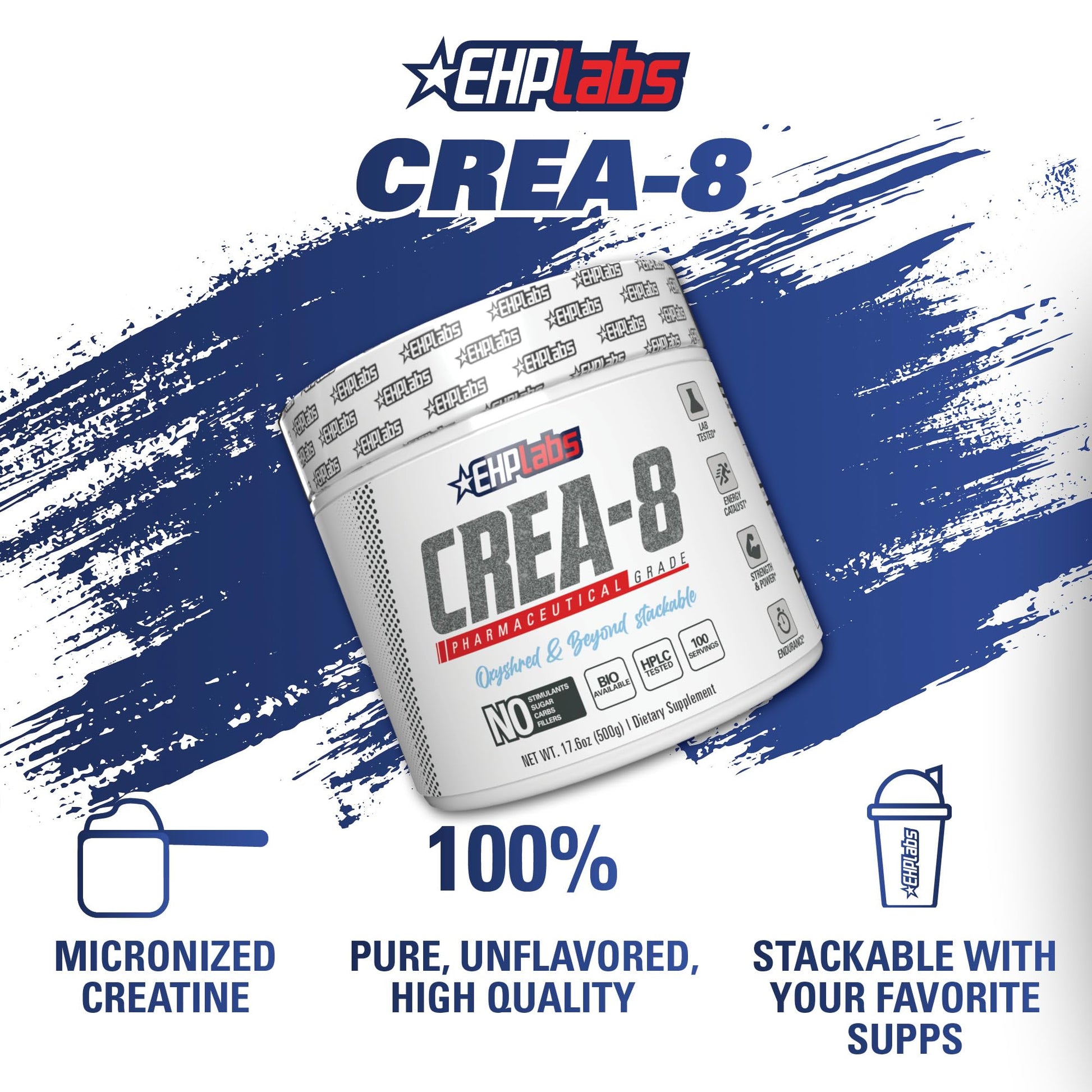 EHP Labs CREA-8 Creatine Monohydrate Powder - Unflavored Creatine Powder for Muscle Growth, Increased Strength, Enhanced Energy Output and Improved Performance - 100 Servings (500g) - Medaid International
