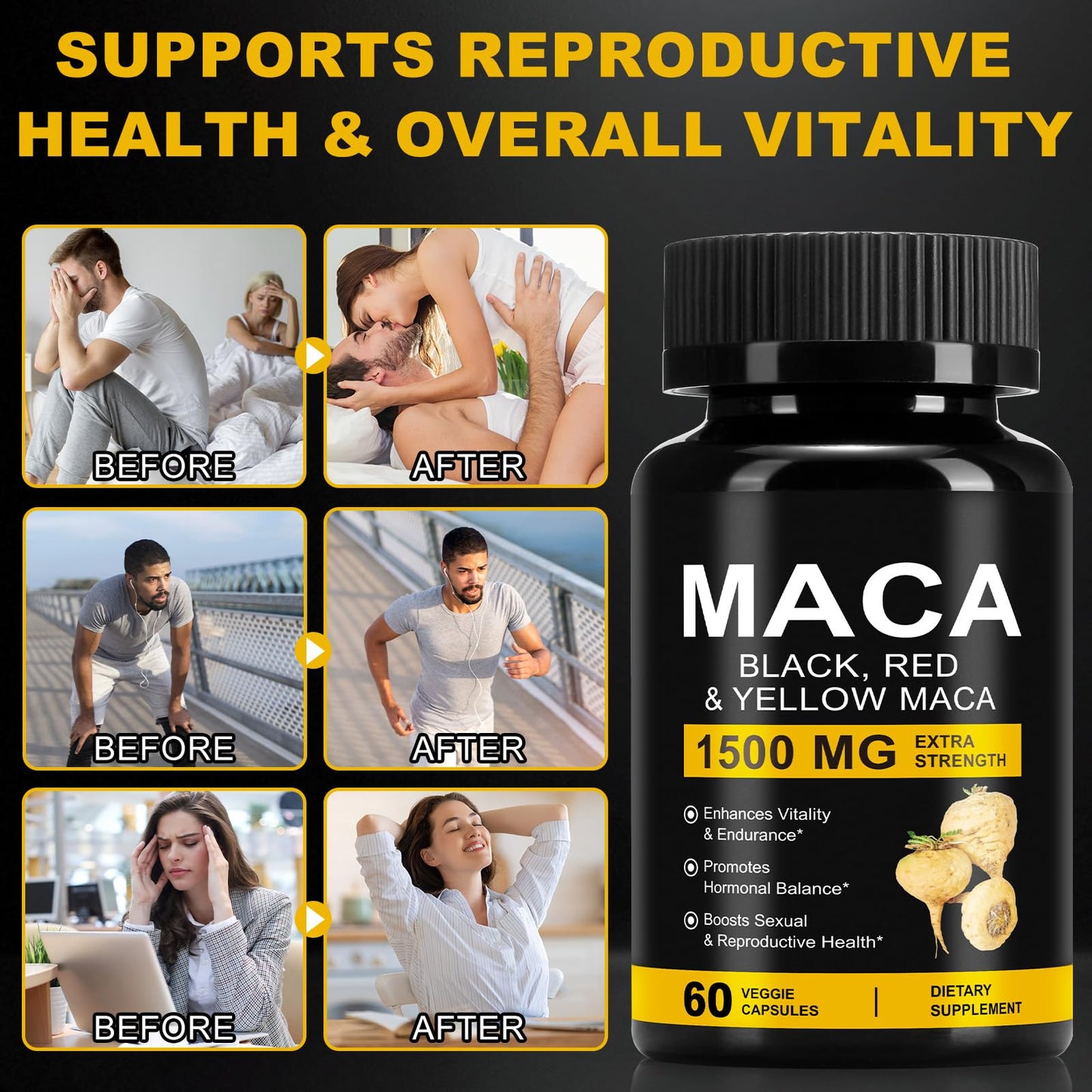 Daiasns Organic Maca Root Powder Capsules 1500 mg with Black + Red + Yellow Peruvian Maca Root Extract Supplement for Men and Women - 60 Vegan Capsules - Medaid International