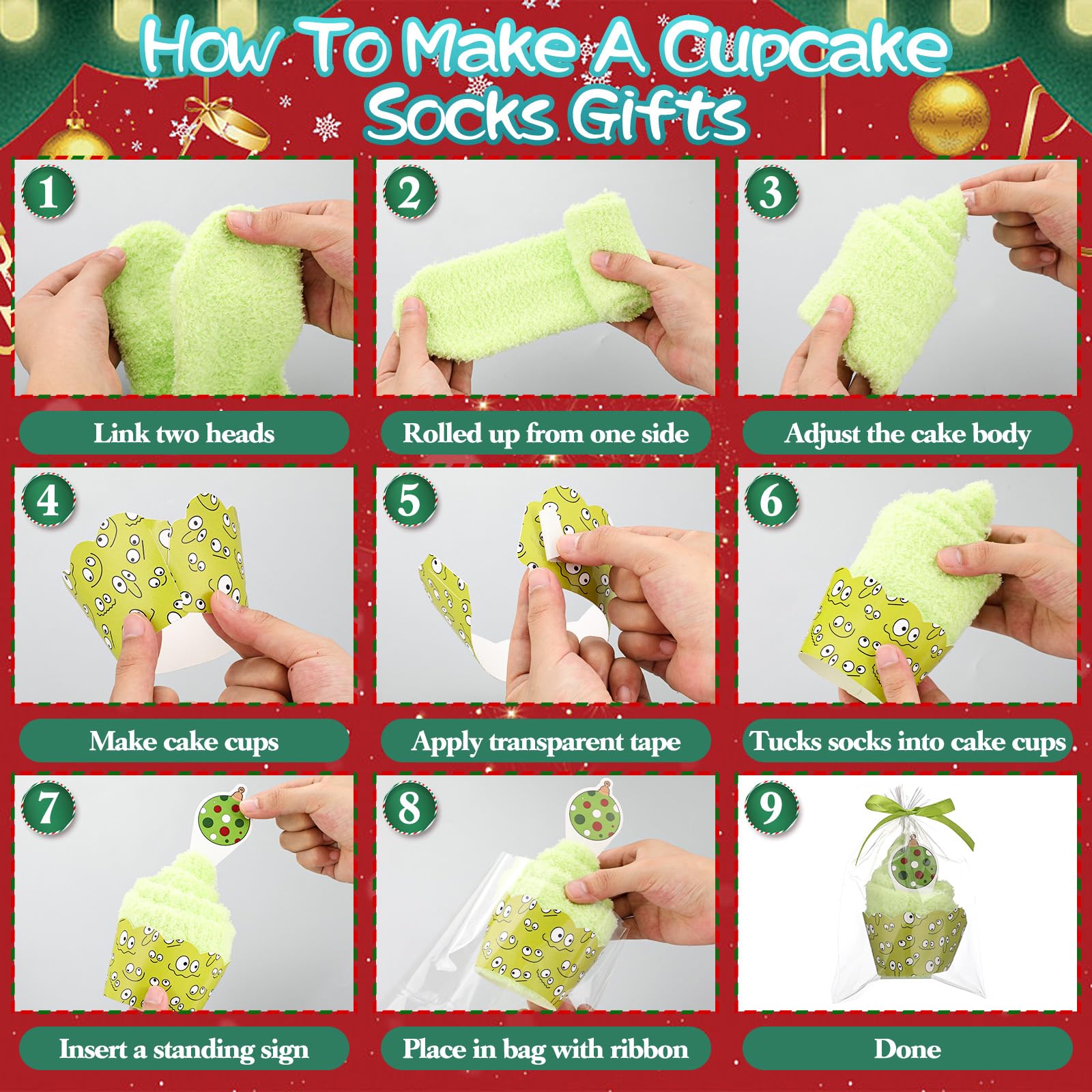 Suhine 12 Pairs Christmas Fuzzy Socks for Women, Elf Cupcake Gift Socks Xmas Green Stockings Bulk Christmas Basket Stuffers - Medaid International