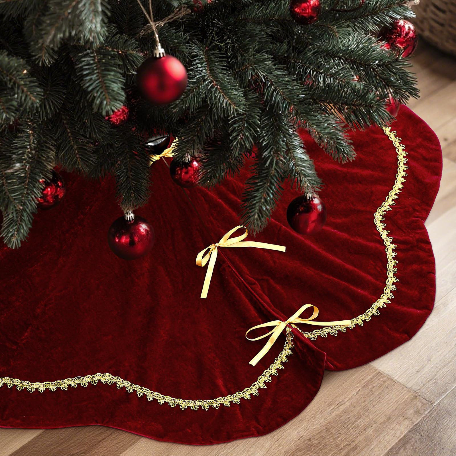 Arrowbash Christmas Tree Skirt 48 Inch Red Velvet Fur Scallop Tree Skirt Sparking Gold Lace Trim for Party Rustic Xmas Holiday Decorations All Year - Medaid International