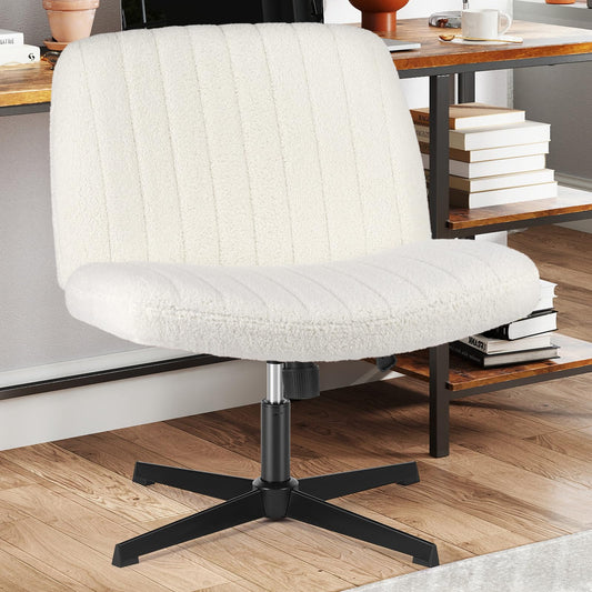 Sweetcrispy Criss Cross Chair Legged, Armless Office Swivel Desk Chair No Wheels, Vanity Height Adjustable Wide Seat Computer Task Seating - Teddy Cream - Medaid International