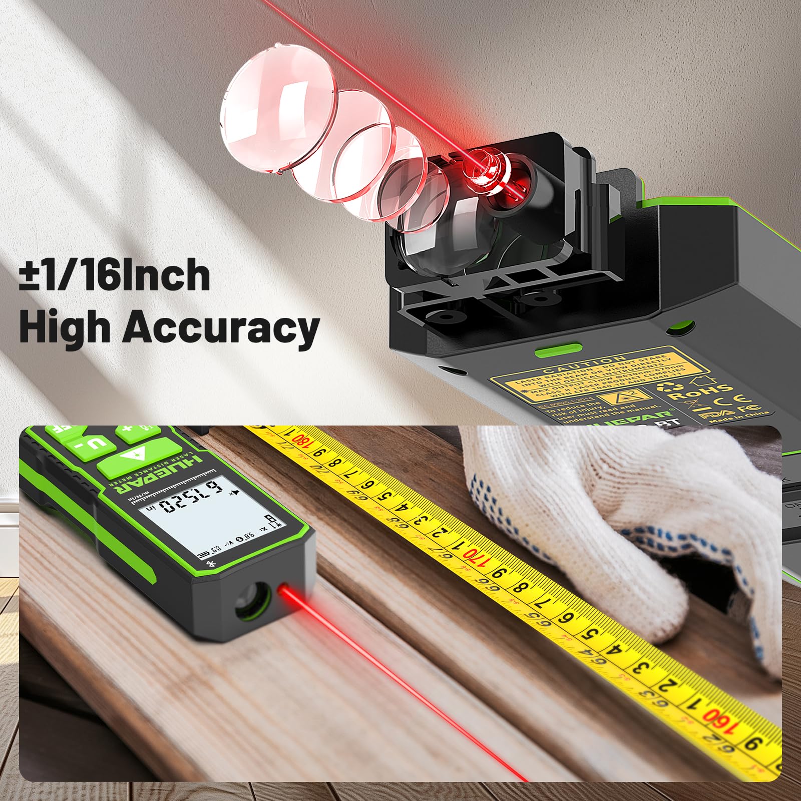 Laser Distance Measure 330Ft. Huepar Digital Rechargeable Laser Measuring Tool with Bluetooth -Phone APP, Angle Sensor, 1/16in Accuracy, M/in/Ft Unit, Pythagorean Mode, Measure Distance, Area, Volume - Medaid International