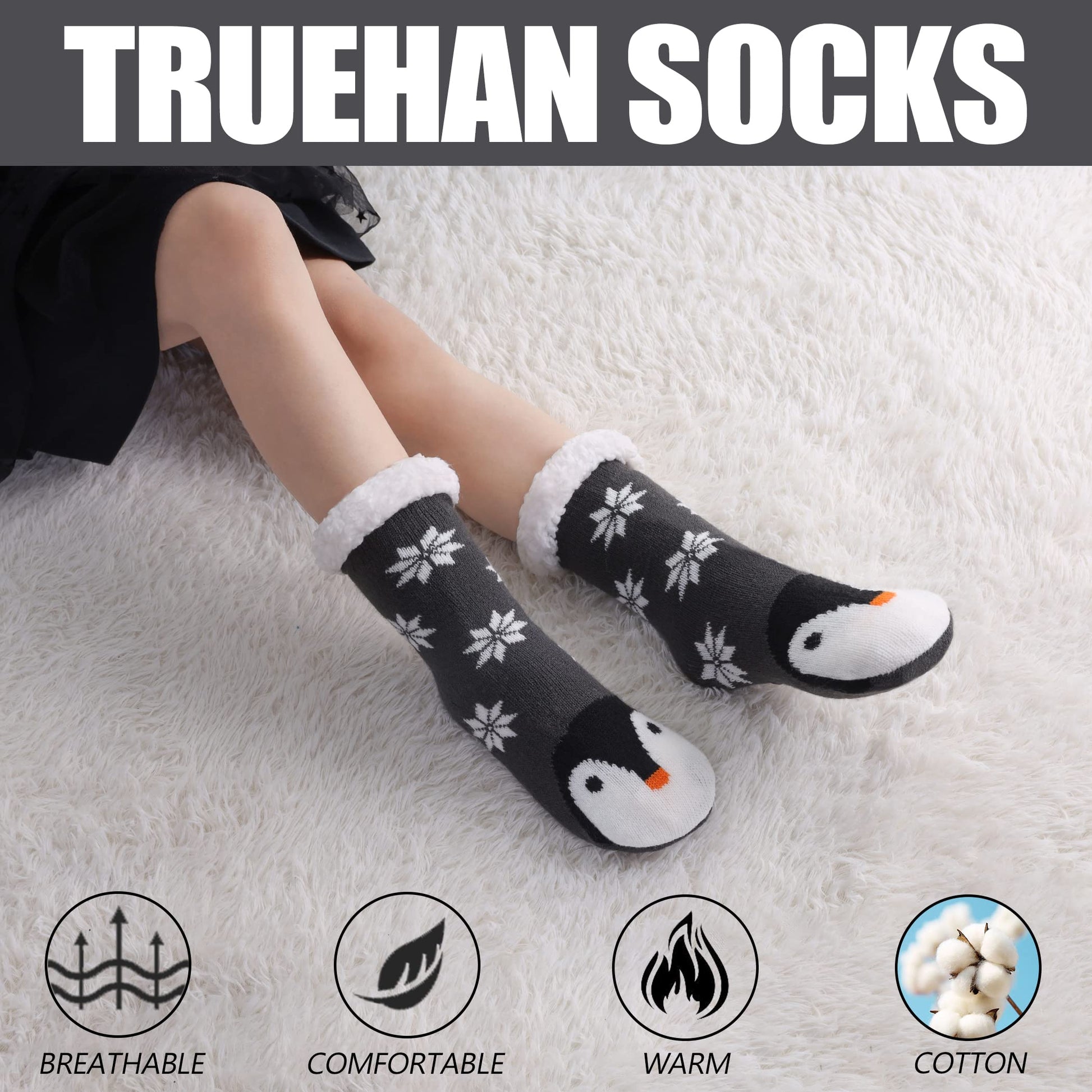 TRUEHAN Kids Girls Boys Slipper Socks Soft Thick Cozy Fuzzy Animal Anti-Slip Winter Thermal Christmas Socks Indoor (Snowflake Penguin, 4-7 Years) - Medaid International