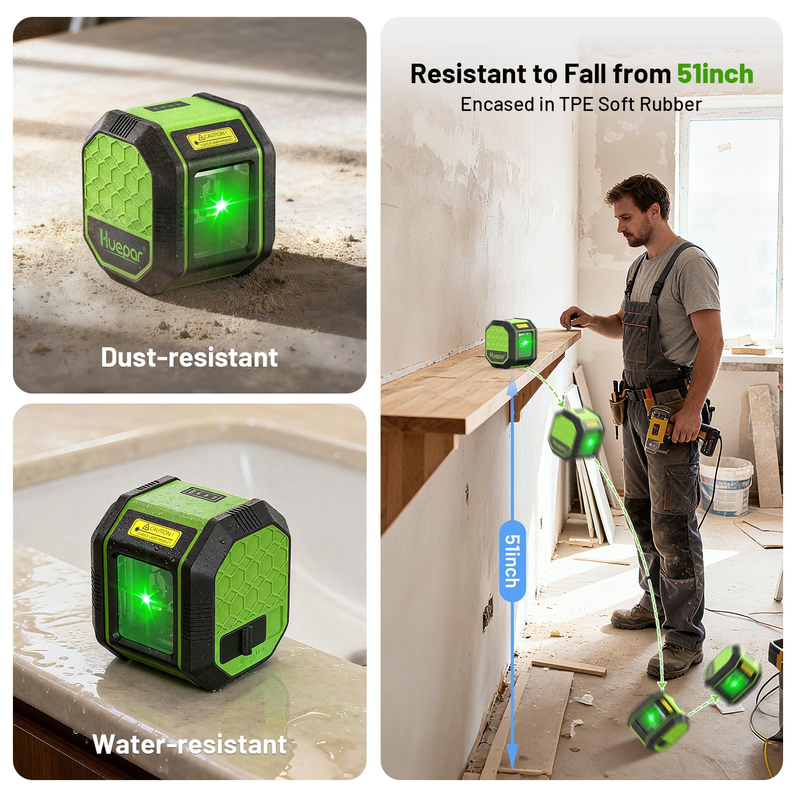 Laser Level with 60 Inch Tripod, Huepar 100Ft Self Leveling Laser Level Rechargeable Green Cross Line Lazer Leveler Tool for Picture Hanging, Tile, Home Renovation, 360° Magnetic Bracket &Target Plate - Medaid International