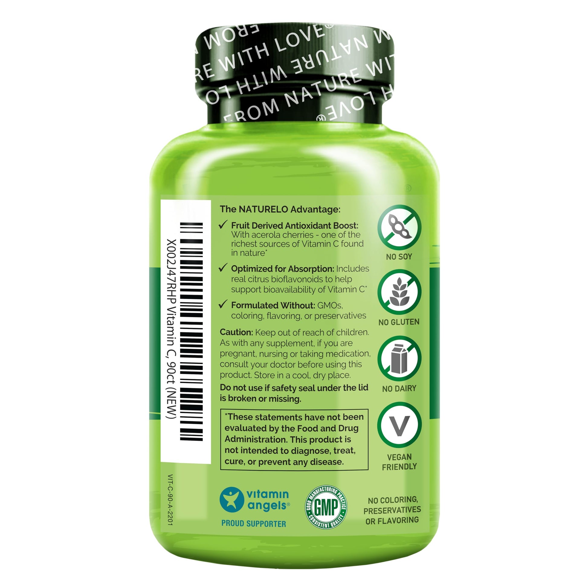 NATURELO Vitamin C with Organic Acerola Cherry Extract and Citrus Bioflavonoids - Vegan Supplement - Immune Support - 500 mg VIT C per Cap - Non-GMO - 90 Capsules - Medaid International