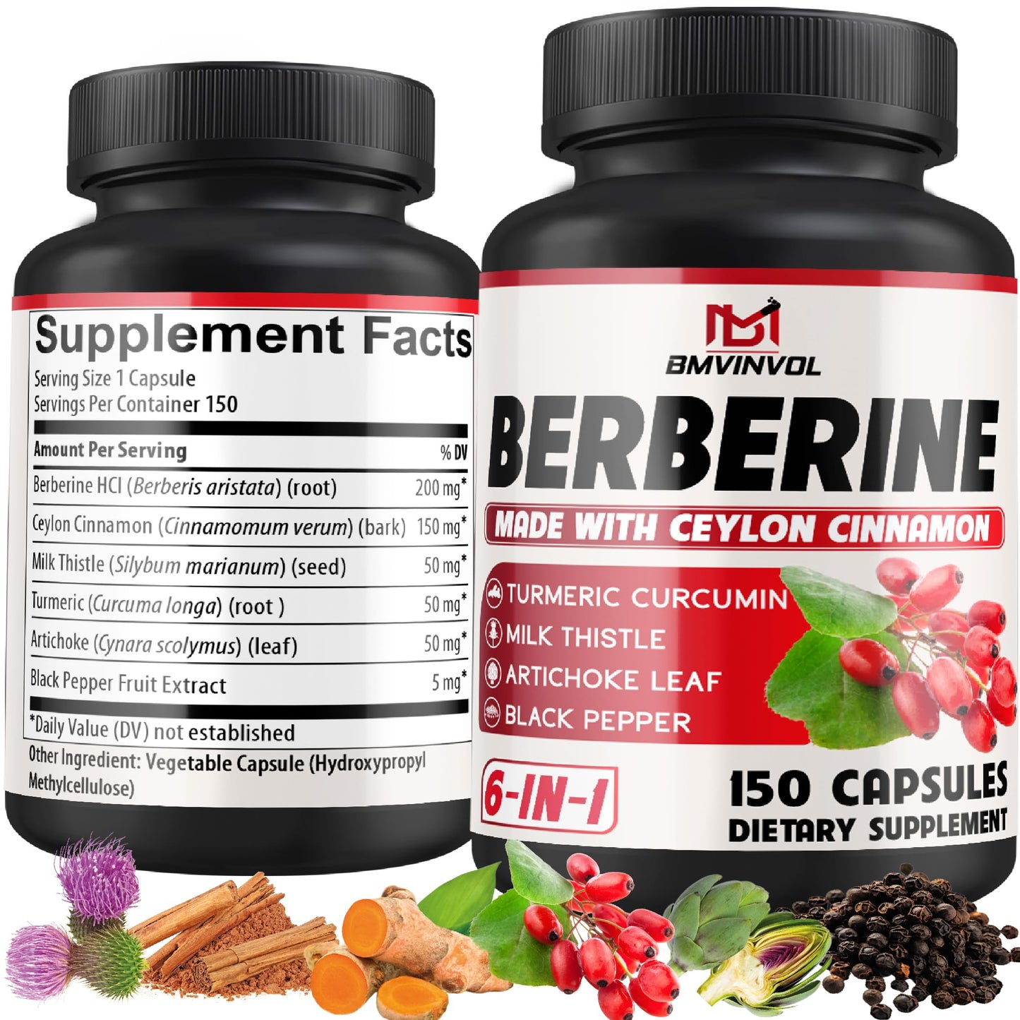 Berberine HCl, 150 Capsules - Plus Ceylon Cinnamon, Turmeric, Milk Thistle, Artichoke, Black Pepper, Berberine HCI Root Supplements Pills - Immune System - Medaid International