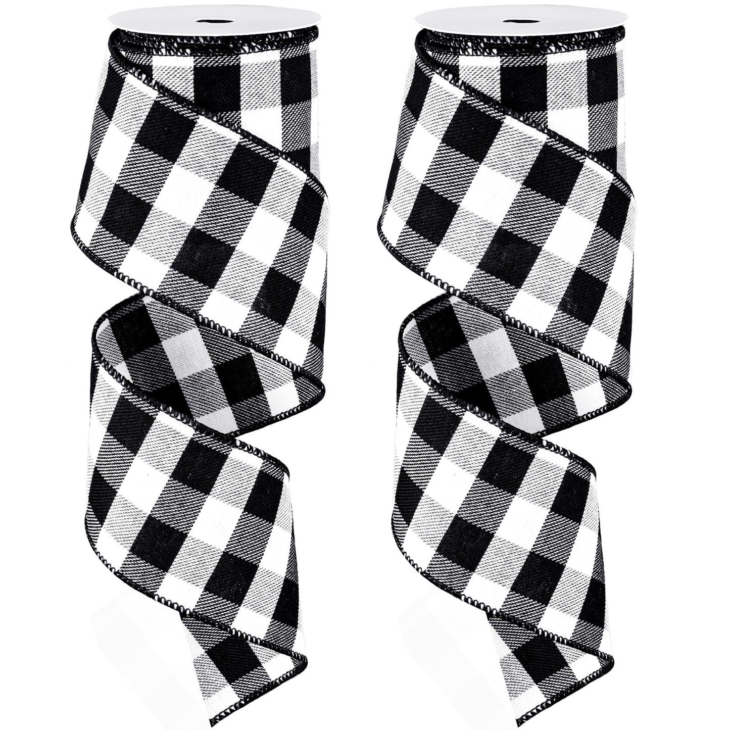 Whaline 2 Rolls Wired Edge Plaid Ribbon Christmas Buffalo Check Ribbon White Black Plaid Ribbon 2.5" Wide Farmhouse Craft Ribbon for DIY Gift Wrapping Wreath Xmas Tree Bow Decoration, 10 Yard - Medaid International