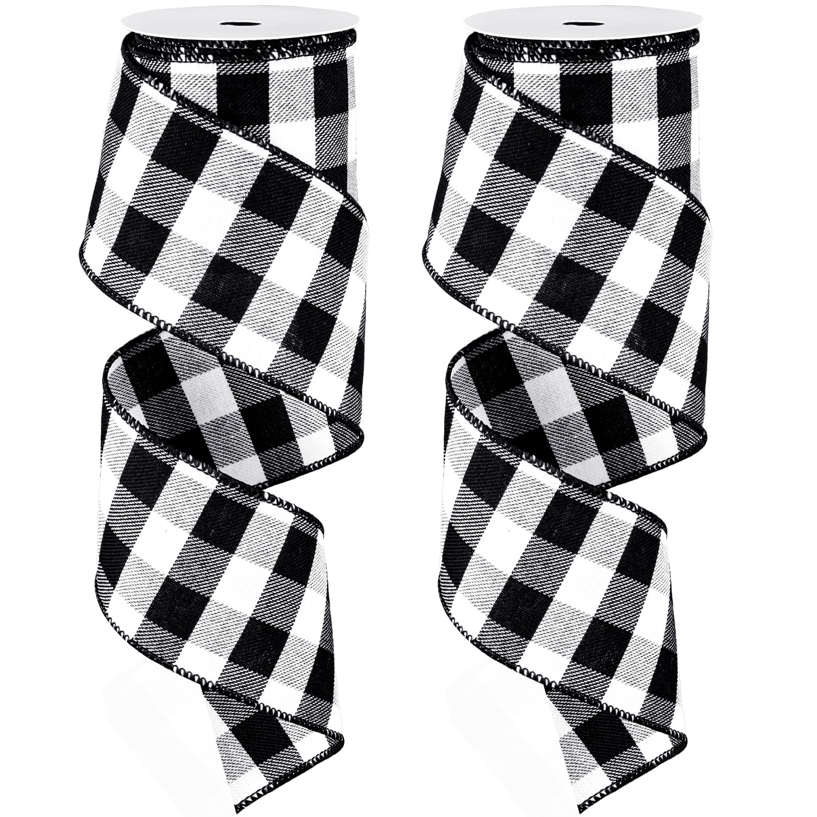 Whaline 2 Rolls Wired Edge Plaid Ribbon Christmas Buffalo Check Ribbon White Black Plaid Ribbon 2.5" Wide Farmhouse Craft Ribbon for DIY Gift Wrapping Wreath Xmas Tree Bow Decoration, 10 Yard - Medaid International