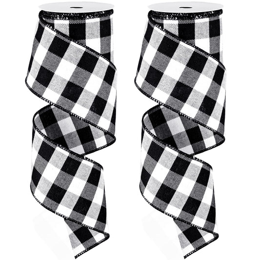 Whaline 2 Rolls Wired Edge Plaid Ribbon Christmas Buffalo Check Ribbon White Black Plaid Ribbon 2.5" Wide Farmhouse Craft Ribbon for DIY Gift Wrapping Wreath Xmas Tree Bow Decoration, 10 Yard - Medaid International