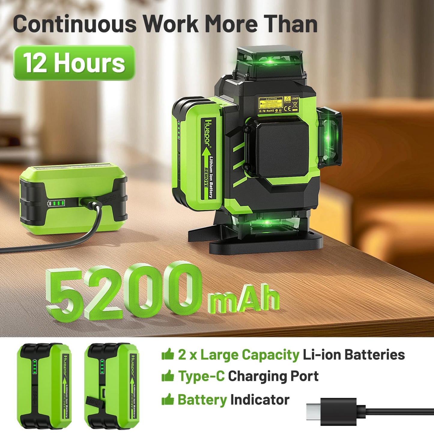 Huepar Laser Level, Self-leveling 16 Lines Green Beam 4D Cross Line Tiling Floor Laser Tool-2 x 360 Horizontal & 2 x 360 Vertical Laser Lines with Two Li-ion Batteries and Hard Carry Case-LS04CG - Medaid International