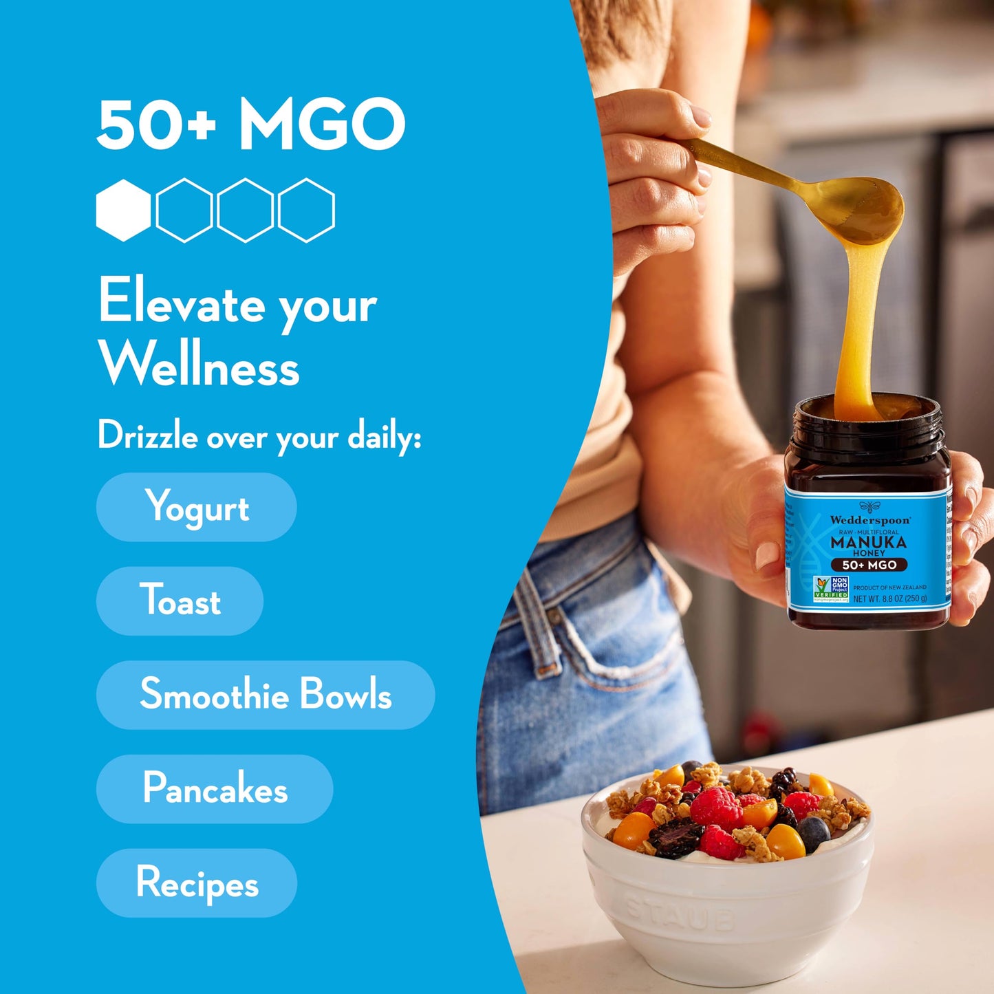 Wedderspoon Raw Premium Manuka Honey, 50+ MGO, 8.8 Oz, Unpasteurized New Zealand Honey, From Our Hives to Your Home - Medaid International