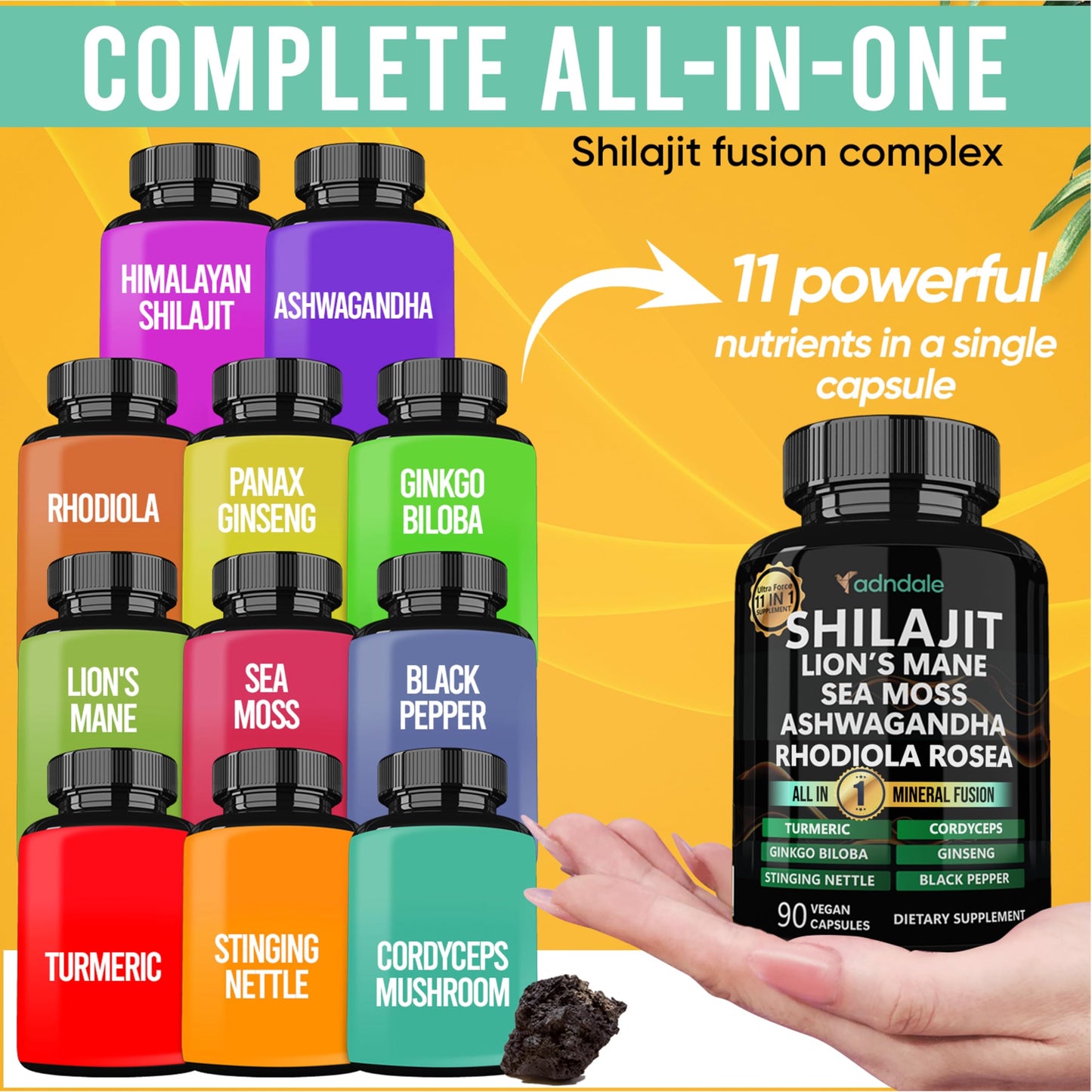 Adndale Shilajit Supplement. Pure Himalayan Organic Shilajit for Men and Women Capsules with Sea Moss Ashwagandha Rhodiola Rosea Lion’s Mane. 90 Count - Medaid International