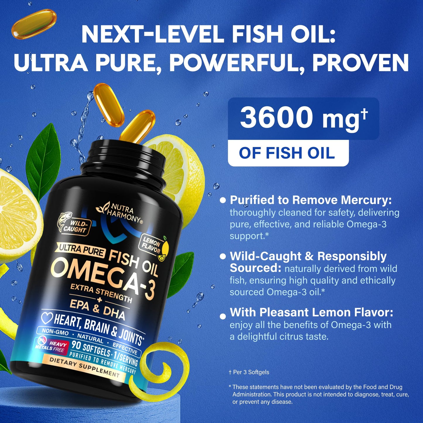 Omega 3 Fish Oil 3600 mg - Omega 3 Supplement | EPA & DHA - Heavy Metals Free - Heart, Brain & Joint Support - Purified Fish Oil for Men & Women - Lemon Flavored - Made in USA, 90 Softgels - Medaid International