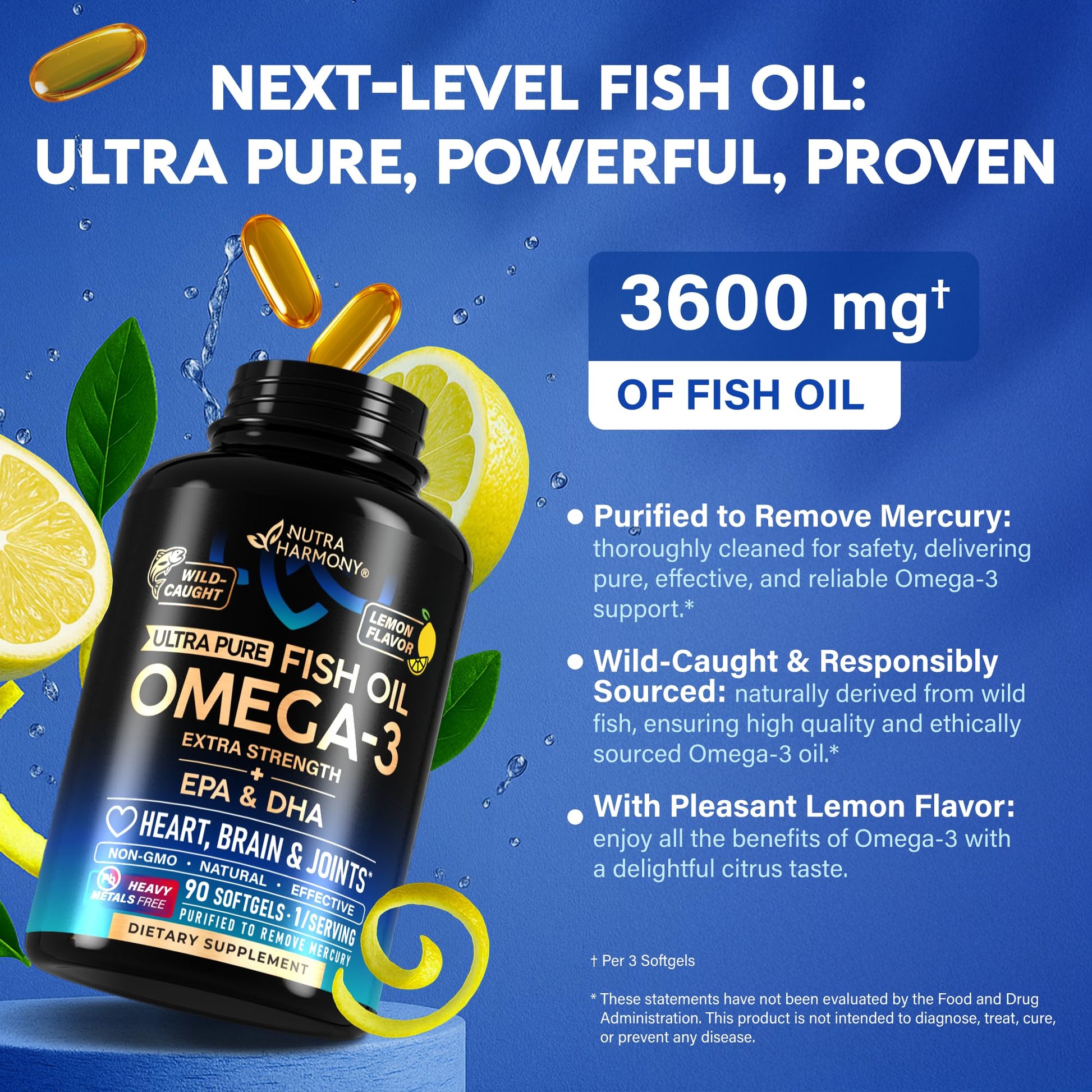 Omega 3 Fish Oil 3600 mg - Omega 3 Supplement | EPA & DHA - Heavy Metals Free - Heart, Brain & Joint Support - Purified Fish Oil for Men & Women - Lemon Flavored - Made in USA, 90 Softgels - Medaid International