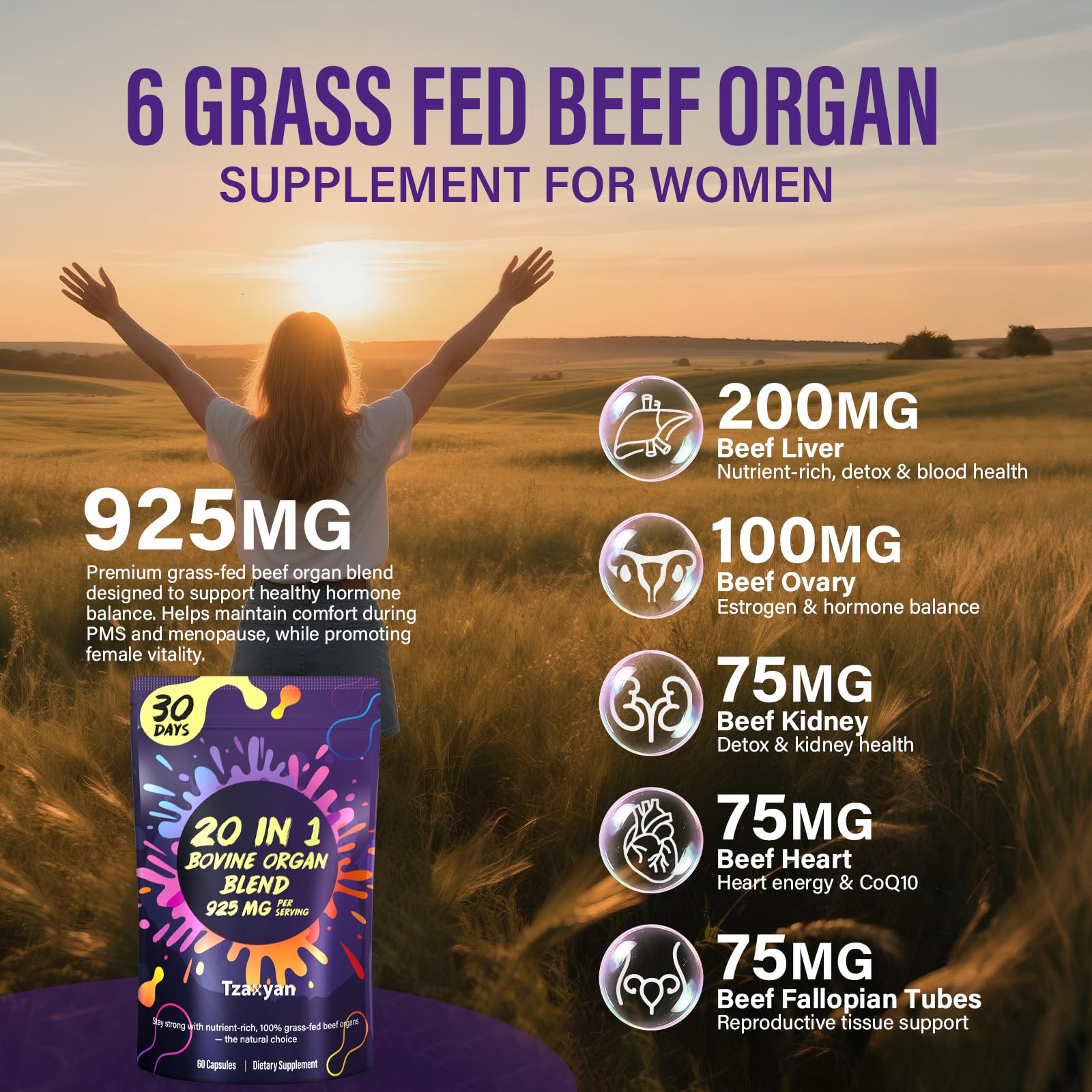 20-In-1 Beef Organ Supplement for Women, 925MG Grass Fed Beef Liver, Uterus, Ovary & 3 more with Maca, DIM, Black Cohosh, Vitamin & Mineral, Bovine organ Capsules for Hormone Balance, Energy, 30 Days - Medaid International