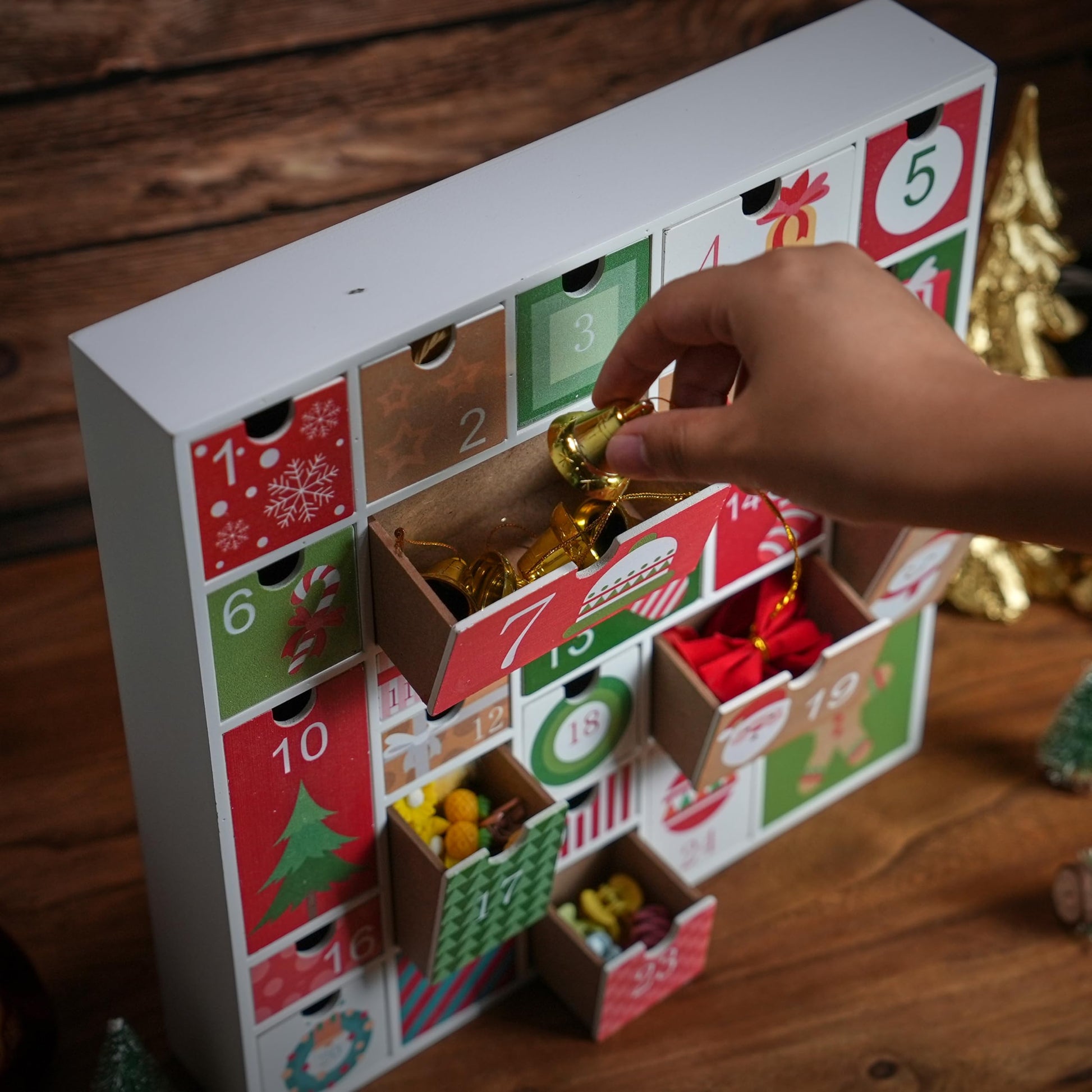 Wooden Advent Calendar with 25 Drawers for Kids, Refillable Advent Calendar for 2025, Red&Green Reusable Christmas Countdown Calendar with Classic Holiday Designs - Medaid International