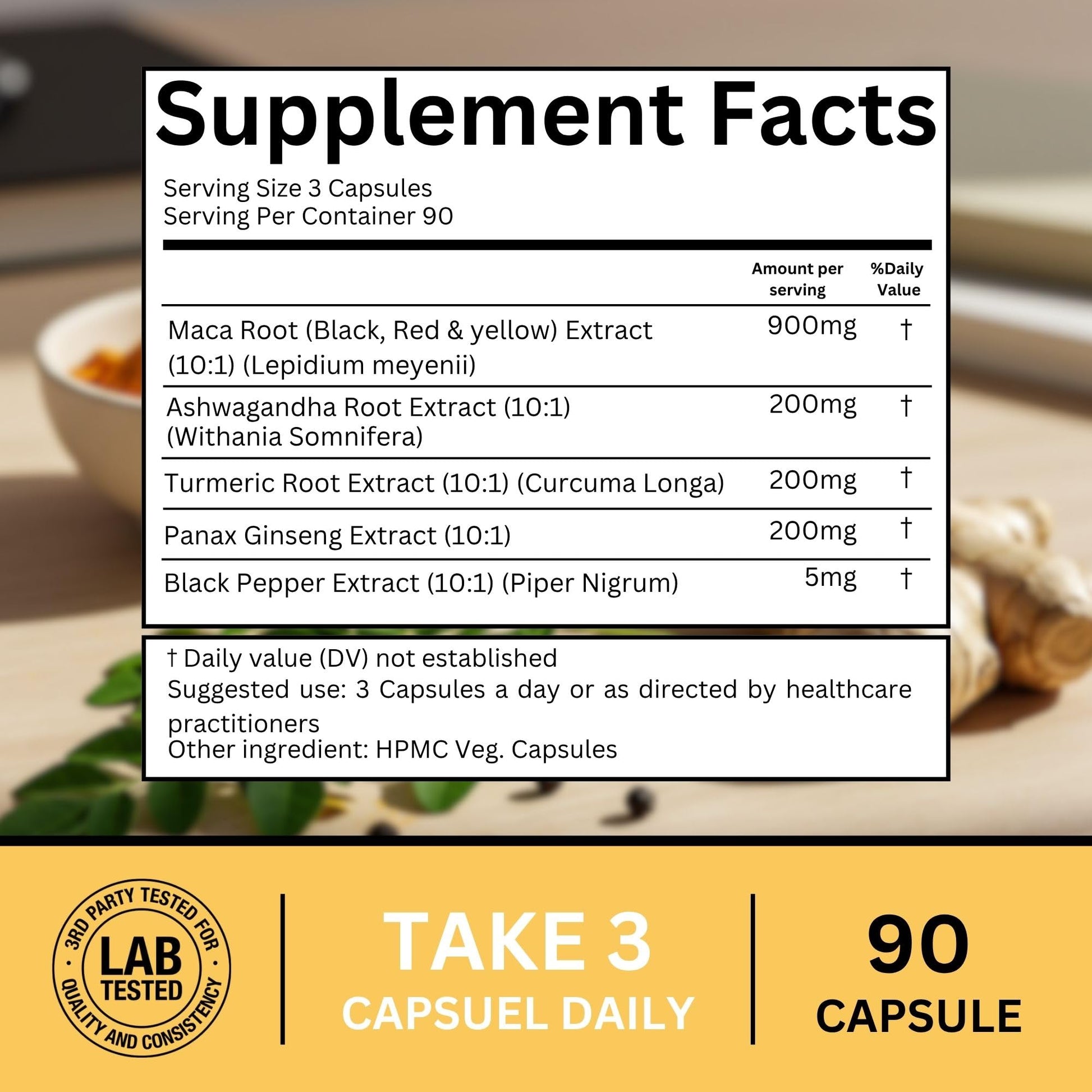 AlturaWise 5 in 1 Pure Maca Root Capsules for Men and Women | Maca Root Powder Capsules with Black + Red + Yellow Maca Root with ashwagandha, panax Ginseng Extract Supplement - 90 Vegan Pills - Medaid International