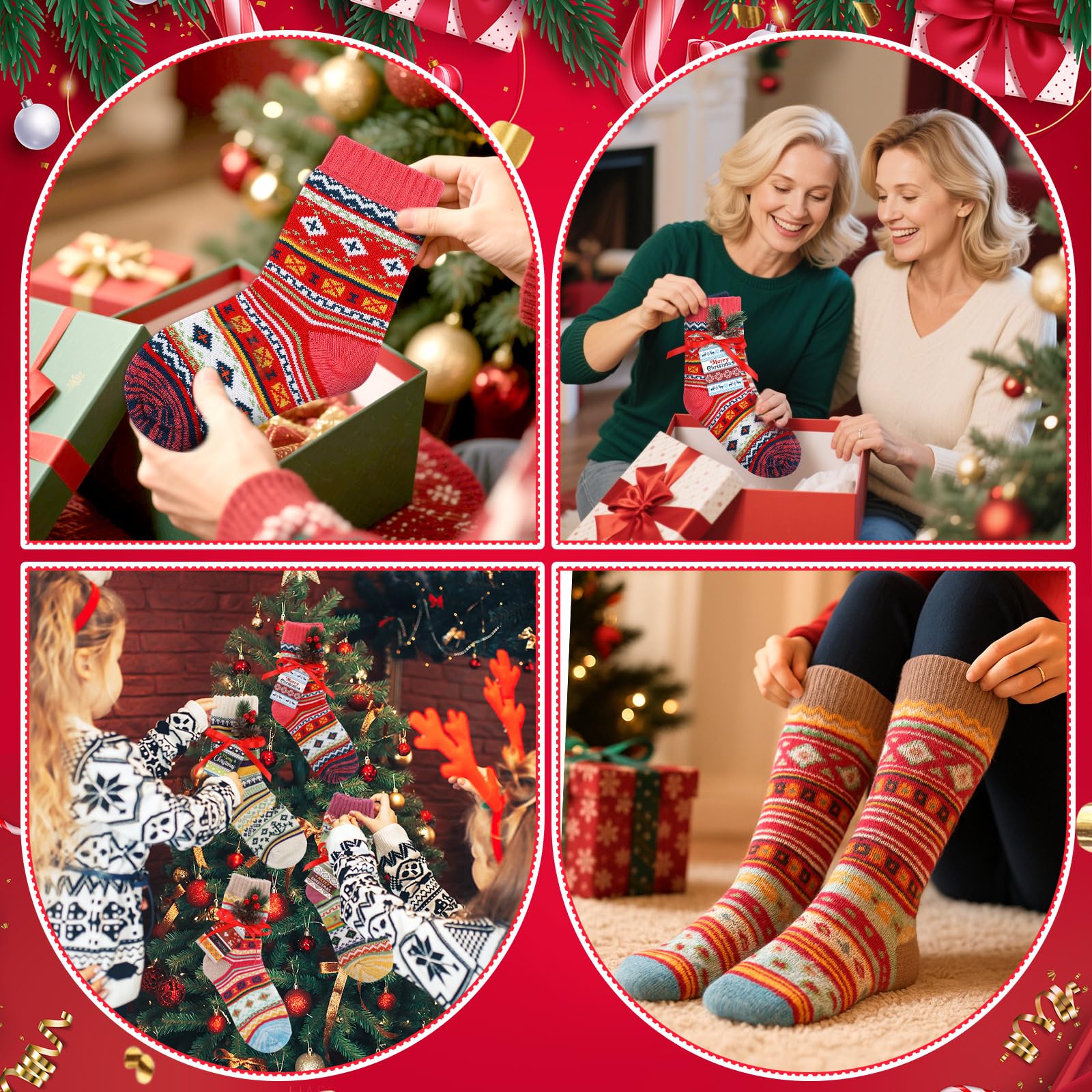 Capoda 10 Set Christmas Socks Gift Set for Women Merry Christmas Fair Isle Fuzzy Ugly Sweater Socks with Cards Pine Cones Xmas Tree Ornament for Winter Holiday Stocking Stuffers - Medaid International